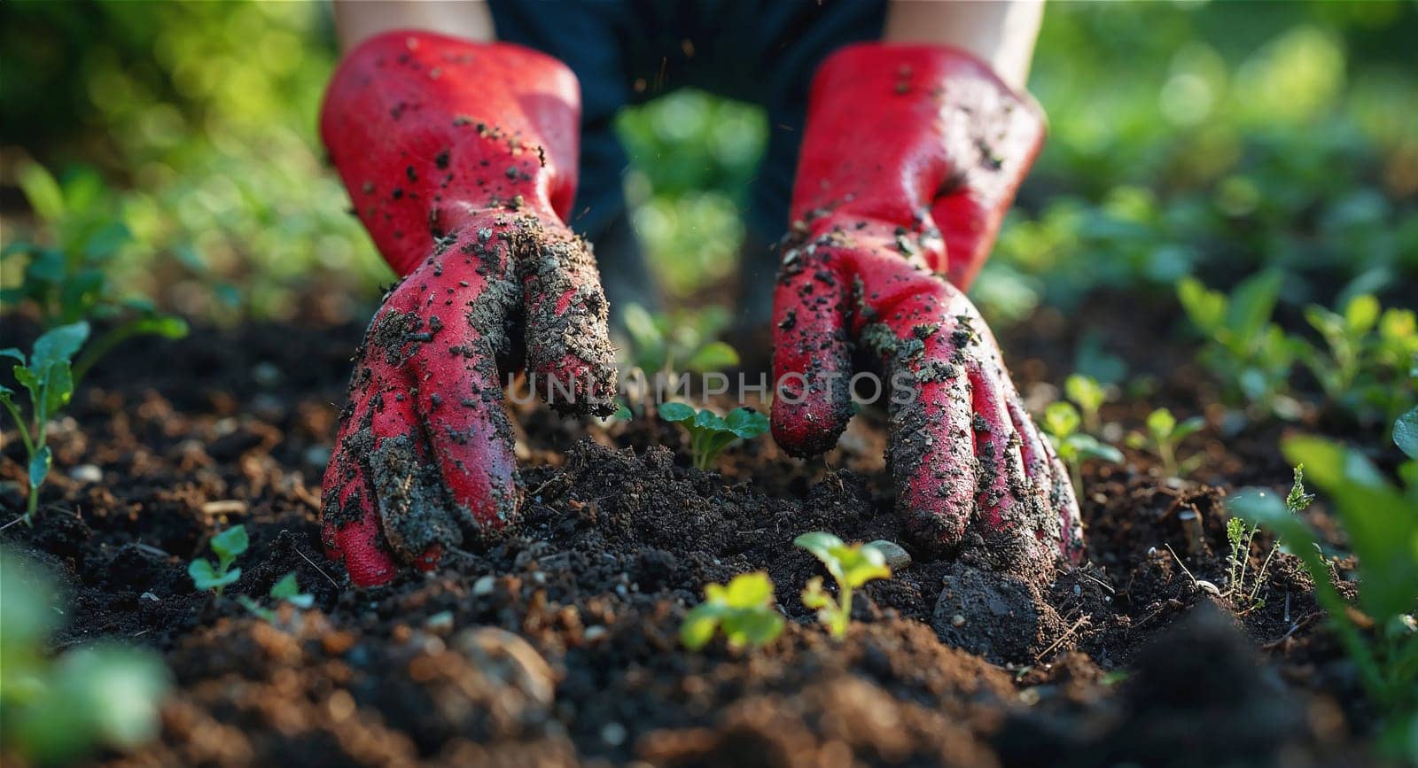 Person wearing red gardening gloves digging in soil