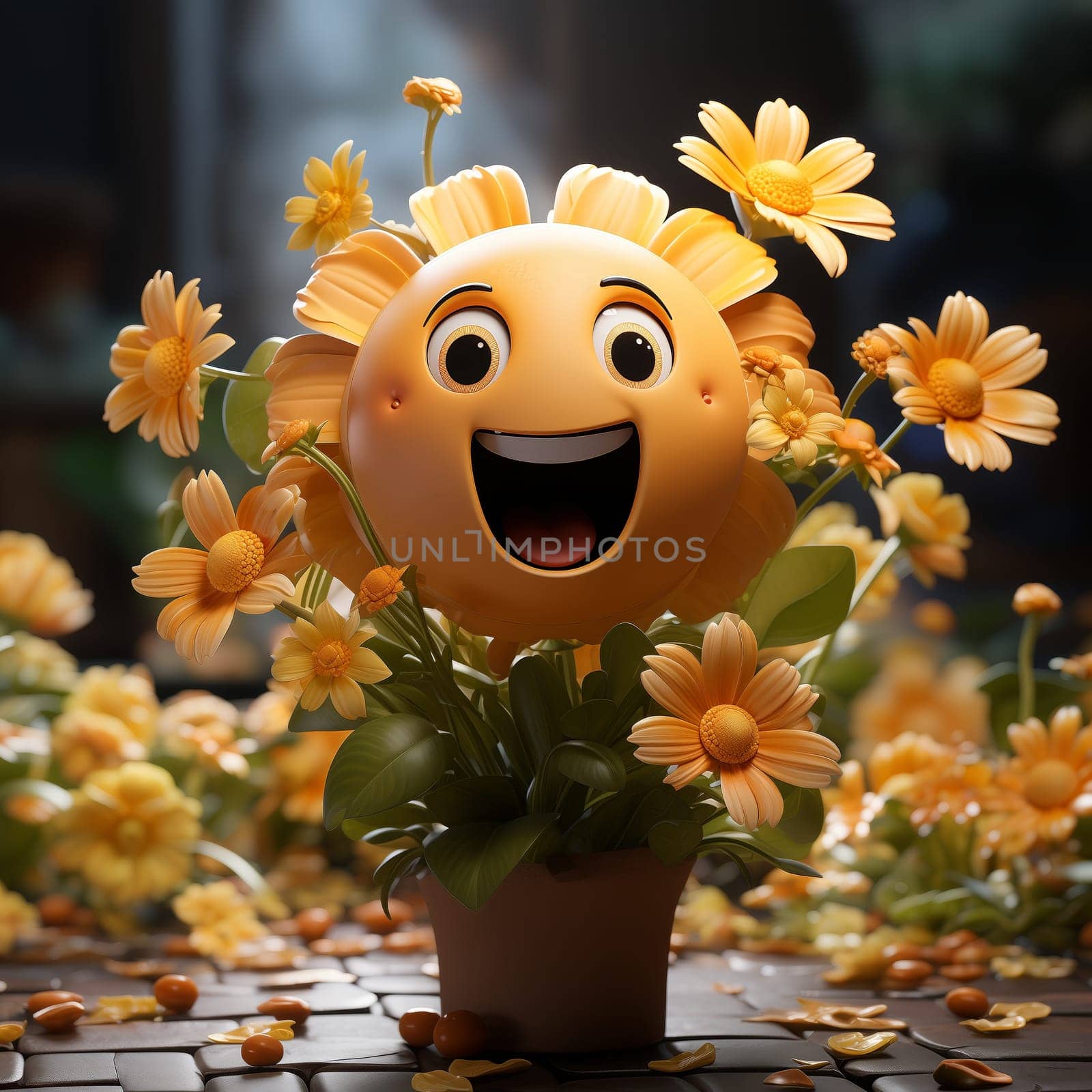 Illustration of a cheerful floral character, flower. Selective focus.