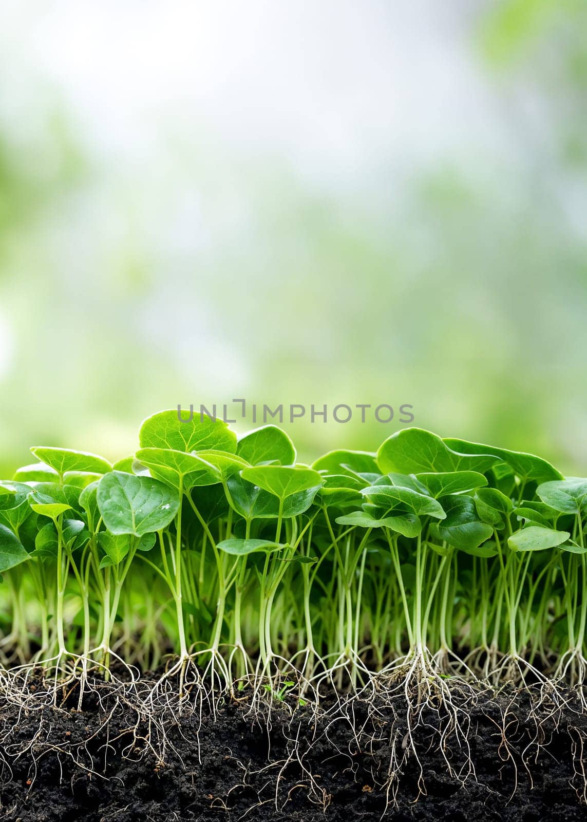 A closeup of a row of green sprouts growing from the ground, showcasing roots and leaves emerging from rich soil.