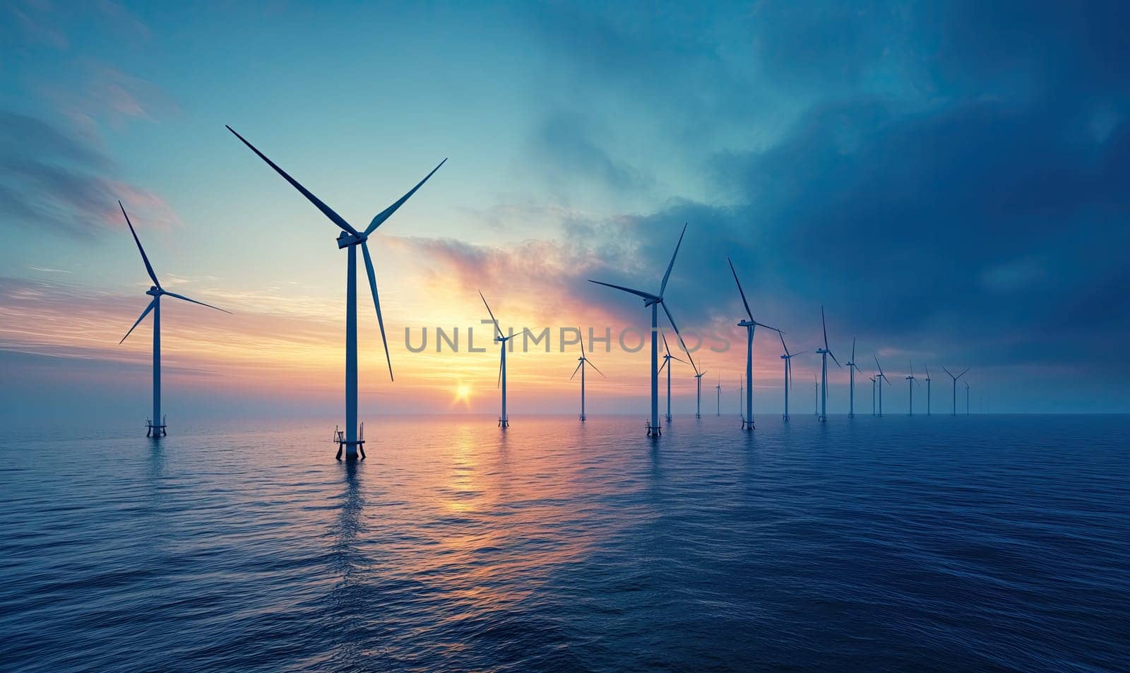 Wind Turbines in Ocean at Sunset. Selective focus.