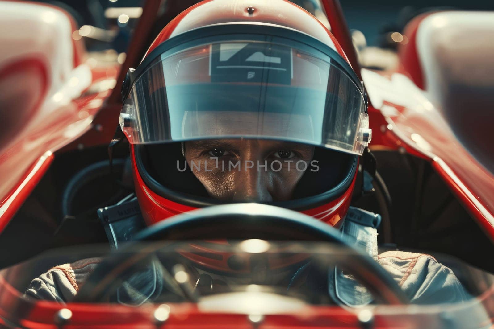 The picture of the formula one or f1 racer wearing the helmet for protection, the racing driver is focusing on the race track, the racer require skill like the concentration and driving skill. AIG43.