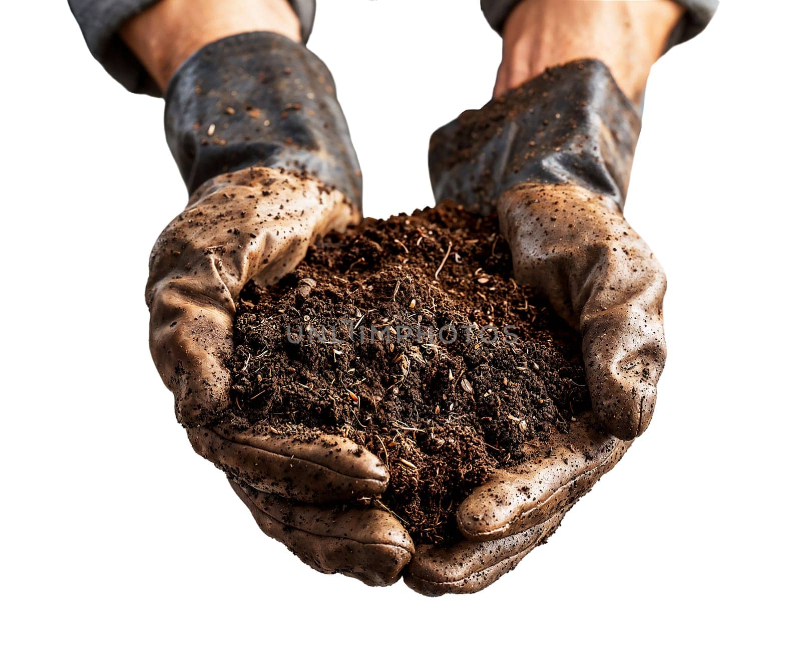 Close-up of a farmers hands holding soil mixed with homemade compost.