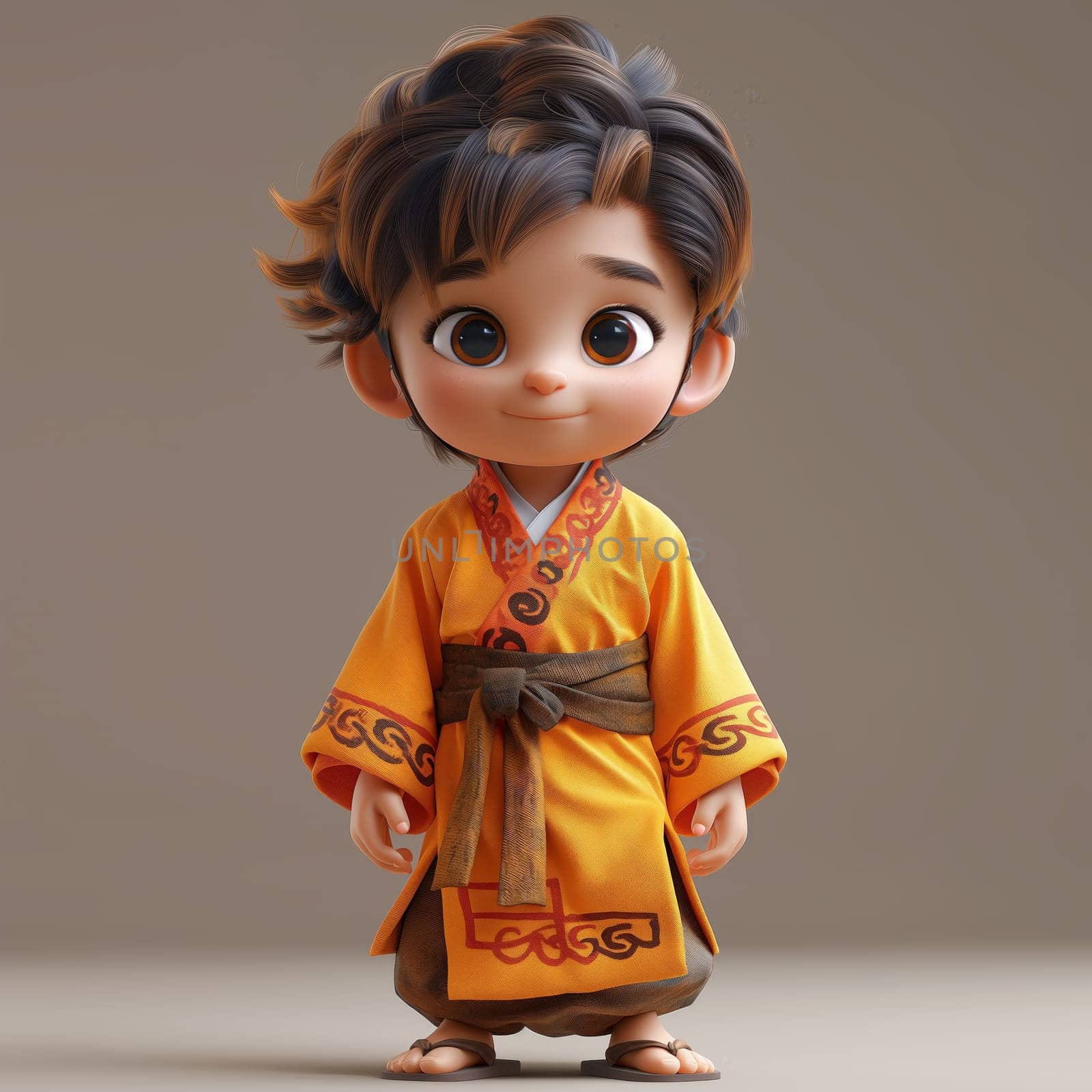 Cartoon, 3D boy in national traditional Asian attire. Selective focus.