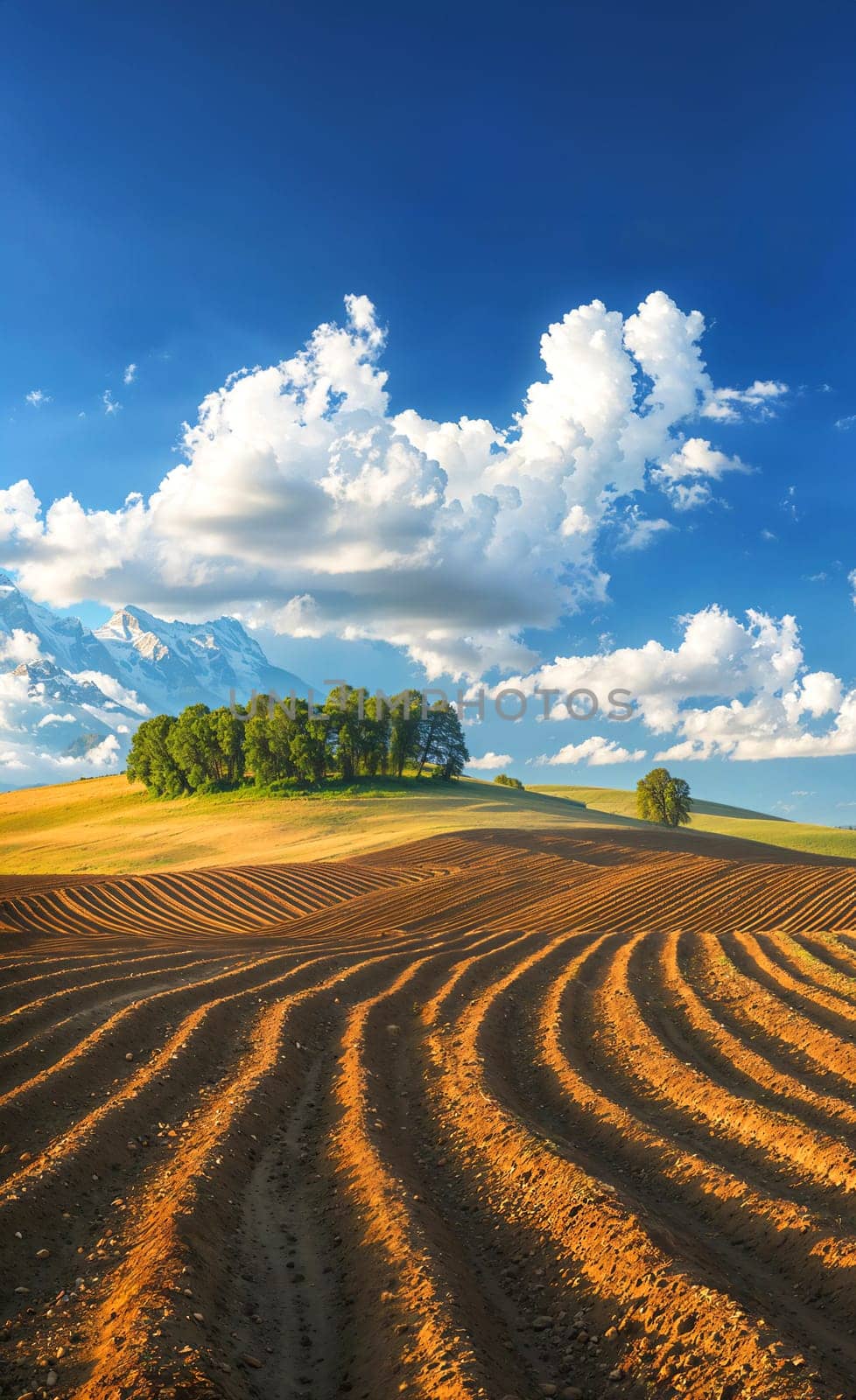 A keyline-plowed field under a blue sky dotted with fluffy white clouds
