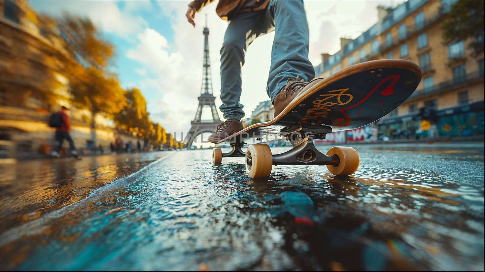 A skateboarder executes a stylish trick with the Eiffel Tower in the background