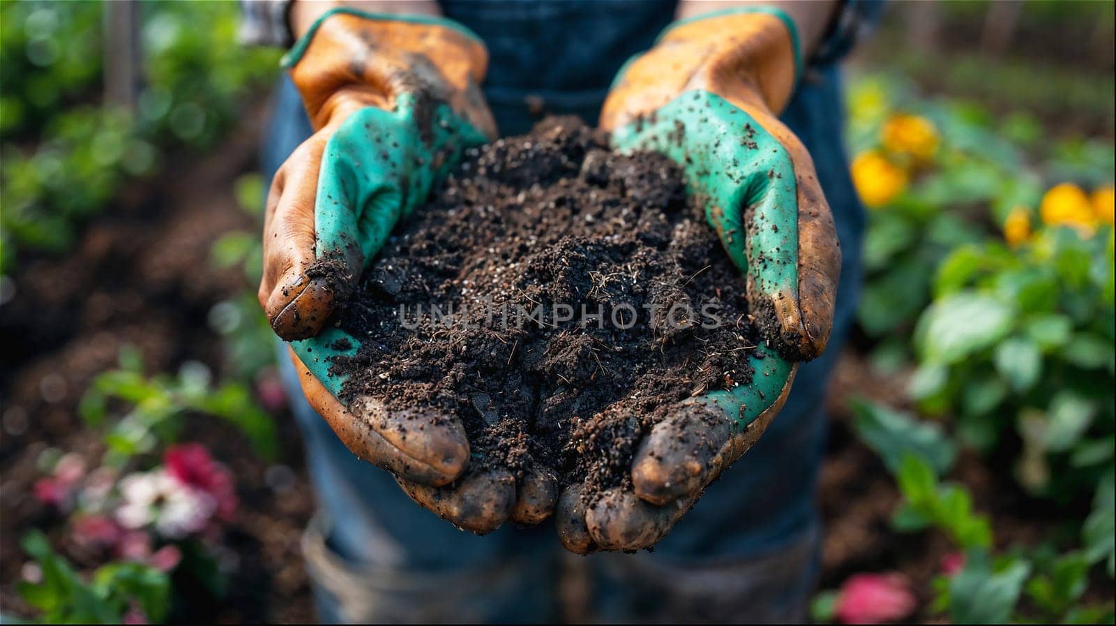 Closeup of hands in gardening gloves holding a handful of soil. by evdakovka