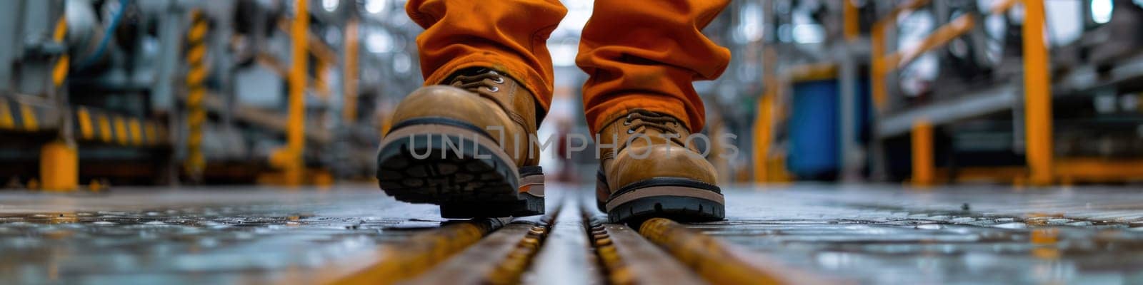 The close up picture view of the engineer is working inside the factory and focus on the boots, the engineer require skill like the technical experience, management and the communication skill. AIG43.