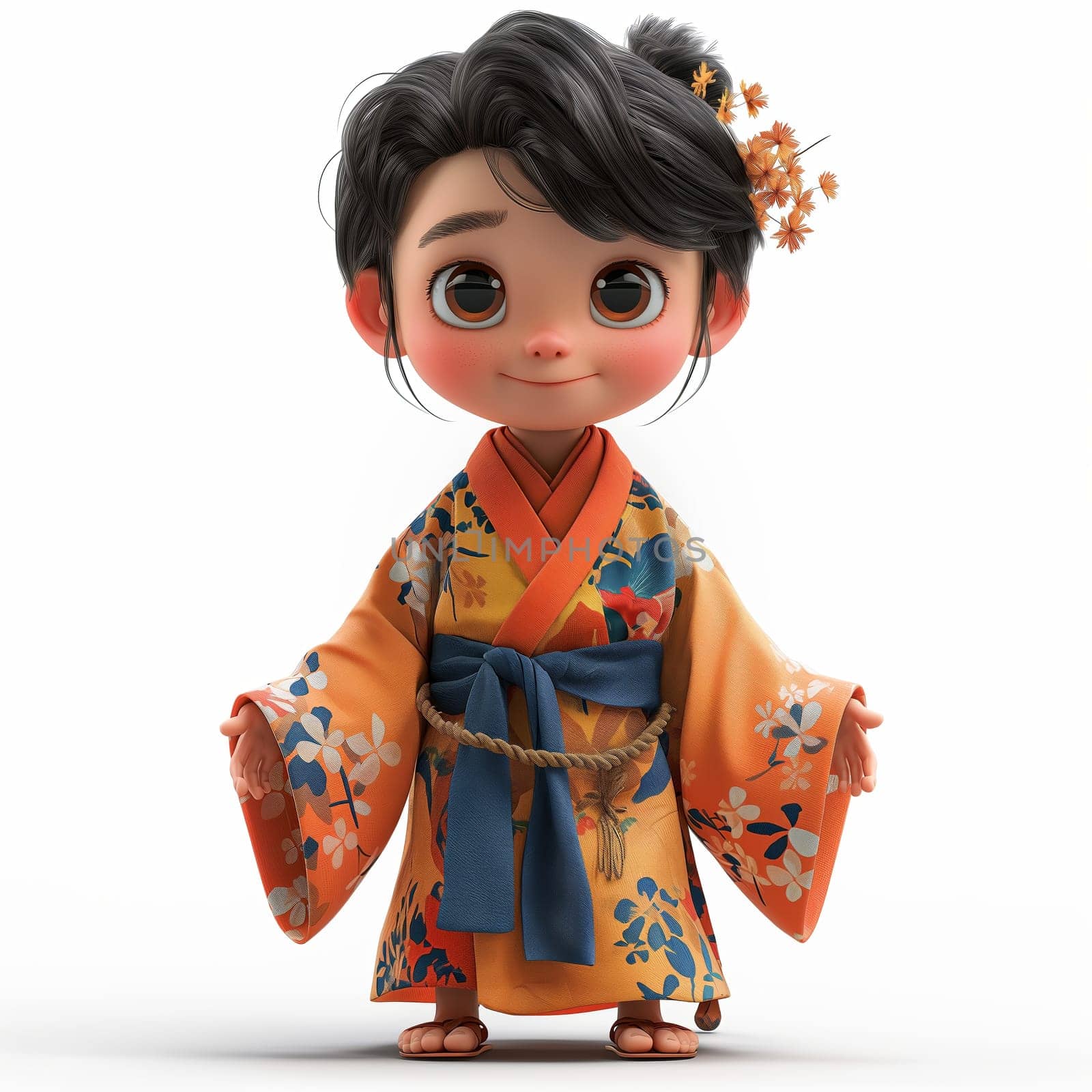 Cartoon, 3D girl in national traditional Asian attire. Selective focus