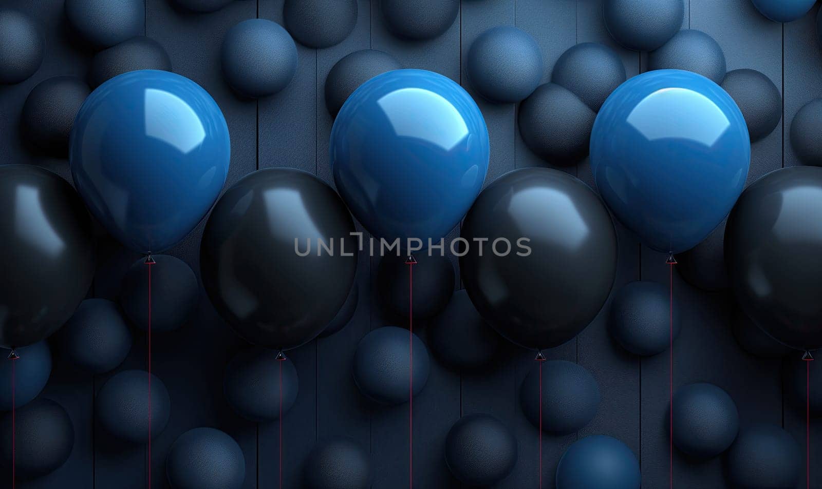 Blue and black balloons on a dark background. Selective focus.