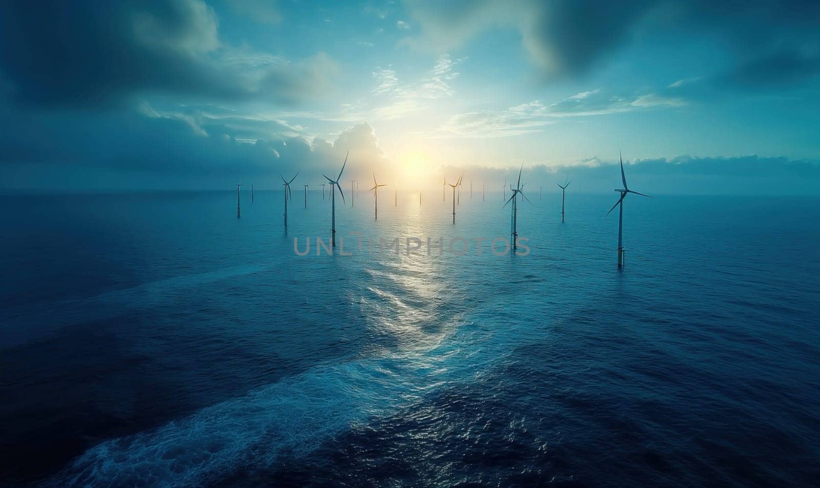 Wind Turbines in Ocean at Sunset. Selective focus.