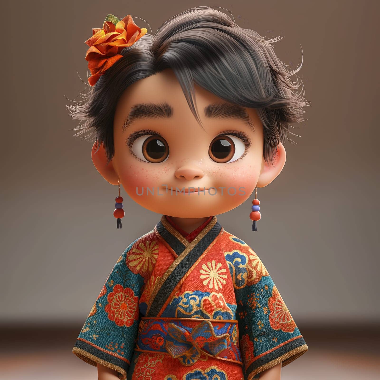 Cartoon, 3D girl in national traditional Asian attire. Selective focus