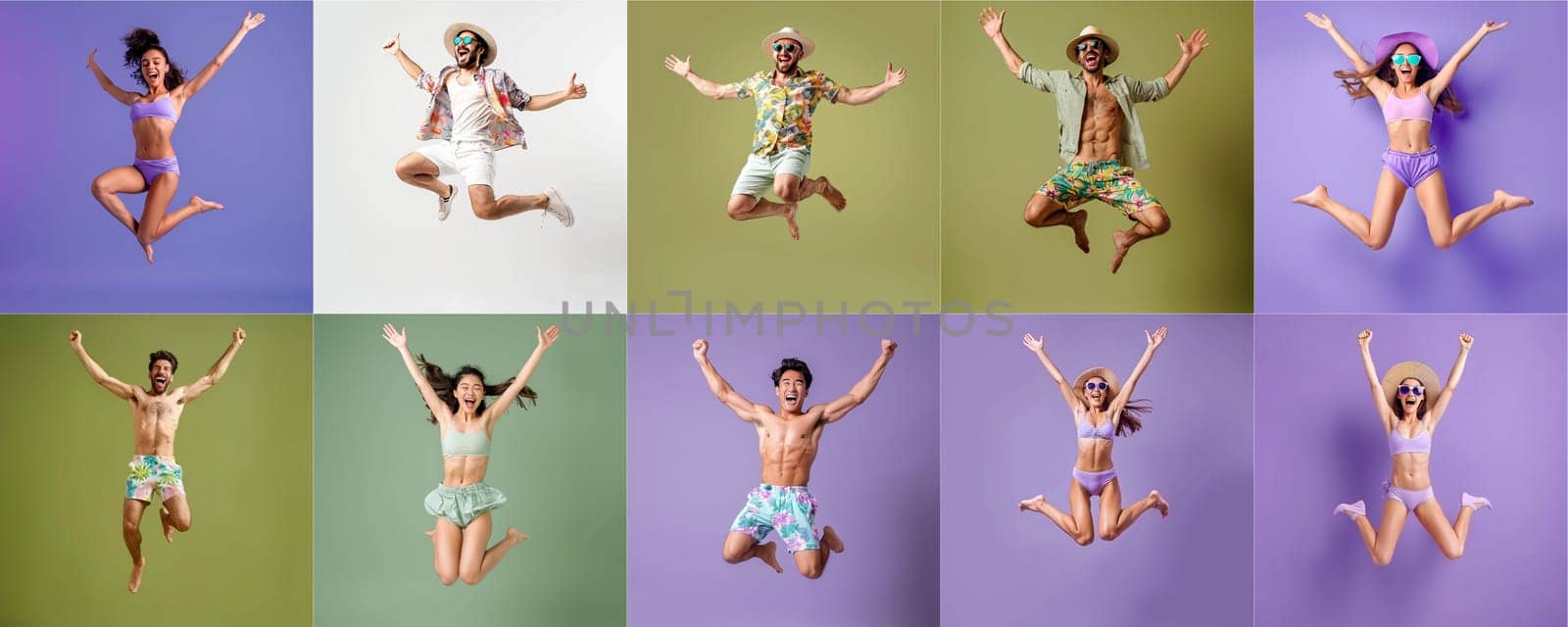Summer people collection set, diverse people jumping on colorful background, many people funny jump wearing summer outfit fashion ready for swim and summer activity, summertime, beachwear AIG48