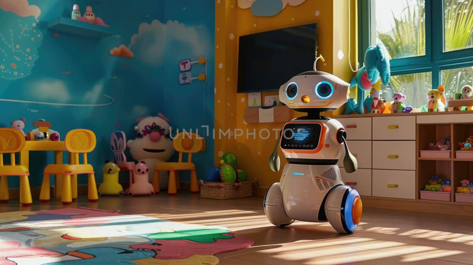 The picture of the robot is standing alone inside the room that has been filled with toy for children, the childcare require skill like Patience, Communication, Creativity and safety awareness. AIG43.