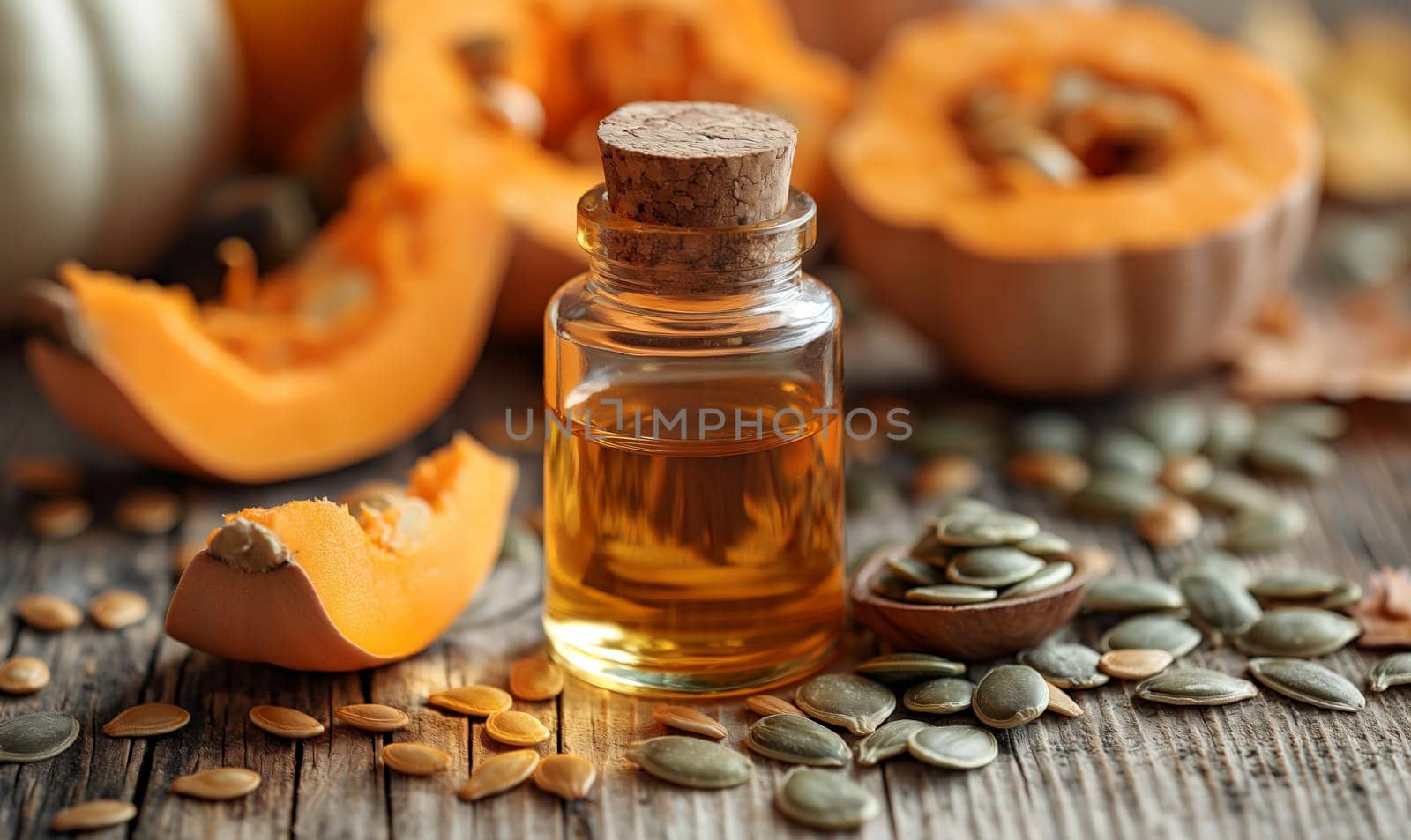 Pumpkin Seed Oil and Fresh Pumpkins on Table. Selective focus.