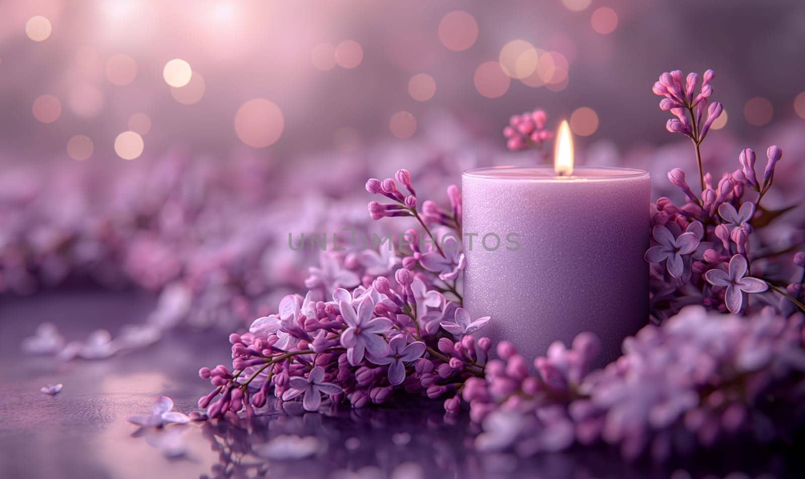 Burning candle among lilac flowers, front view. Selective focus.