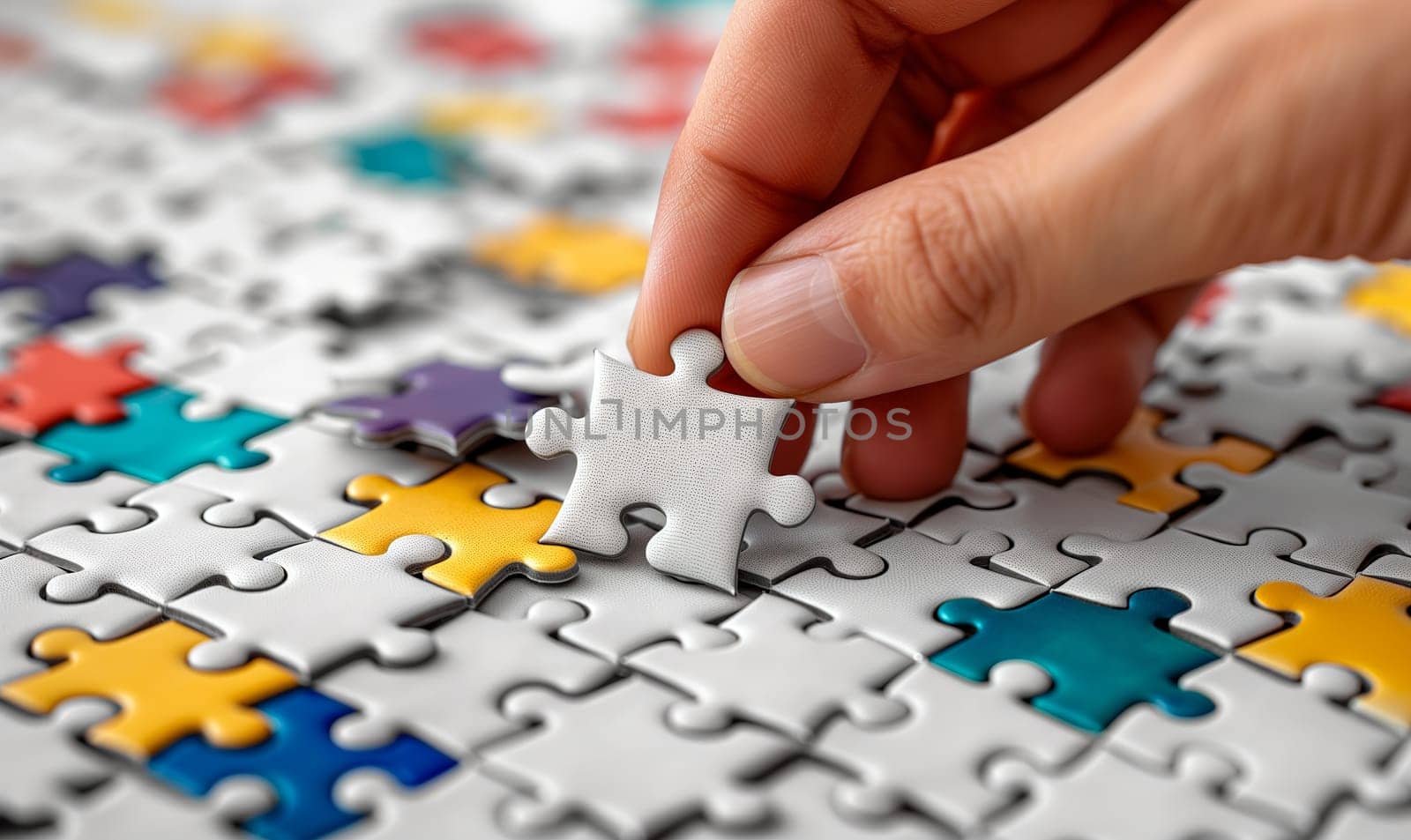 Close-up of a hand placing a puzzle piece. Selective focus.