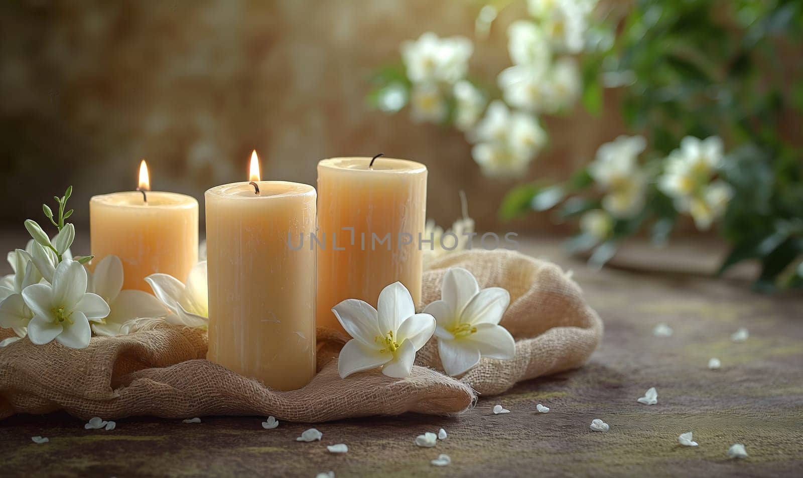 Group of White Candles on Wooden Table. Selective focus.