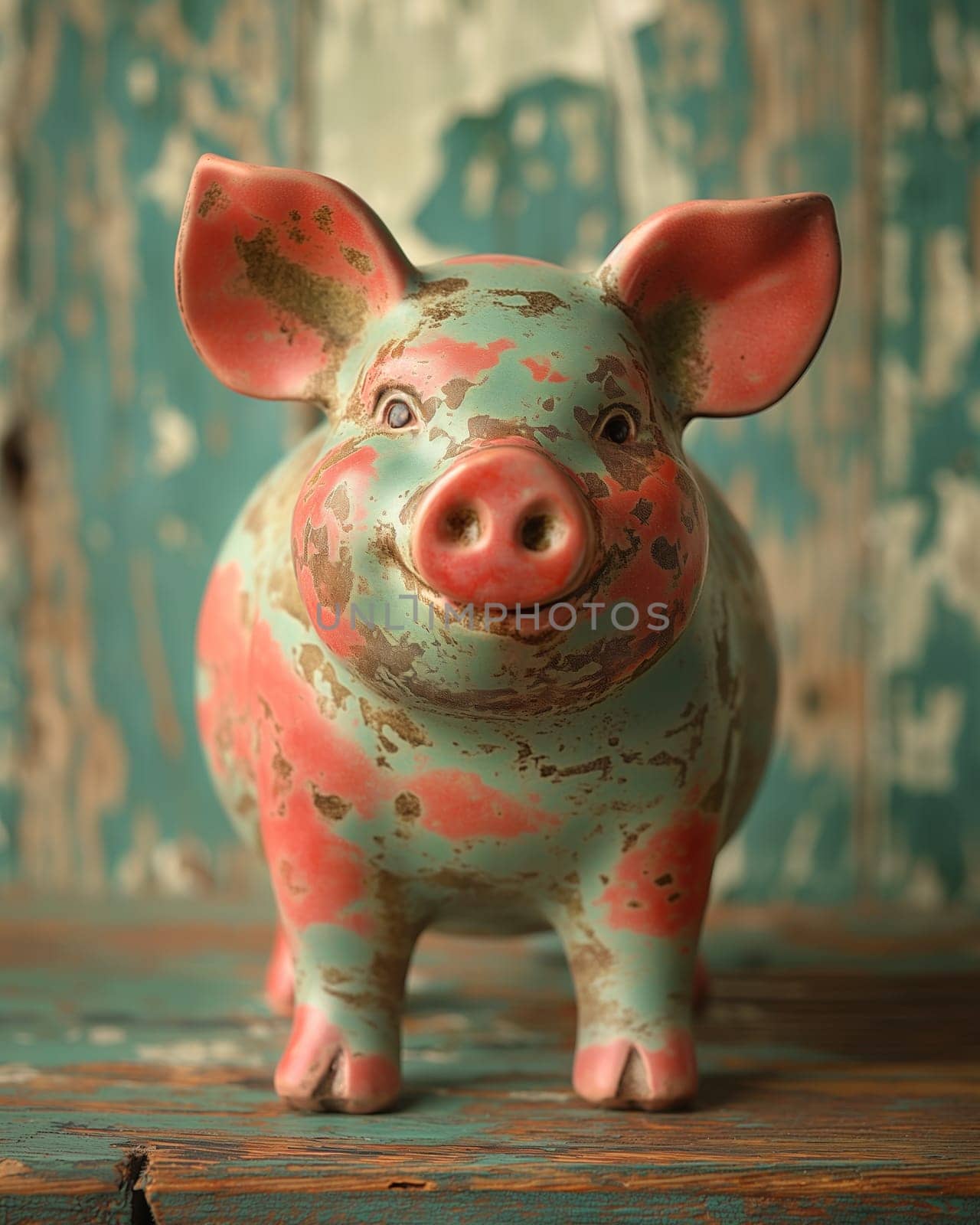 Old piggy bank for money on a vintage background. Selective focus.