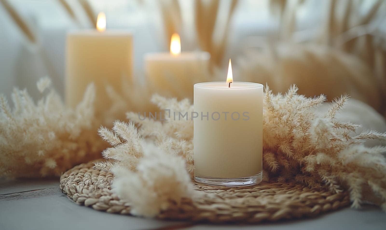 Group of White Candles on Table. Selective focus.