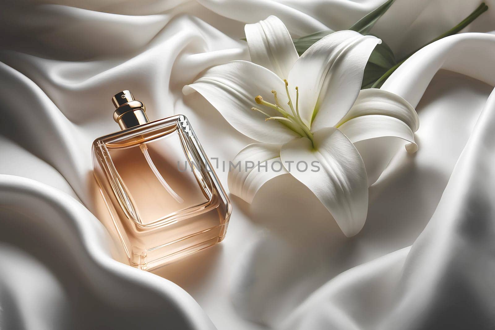 Glass perfume bottle and white lily on white silk fabric by Annado