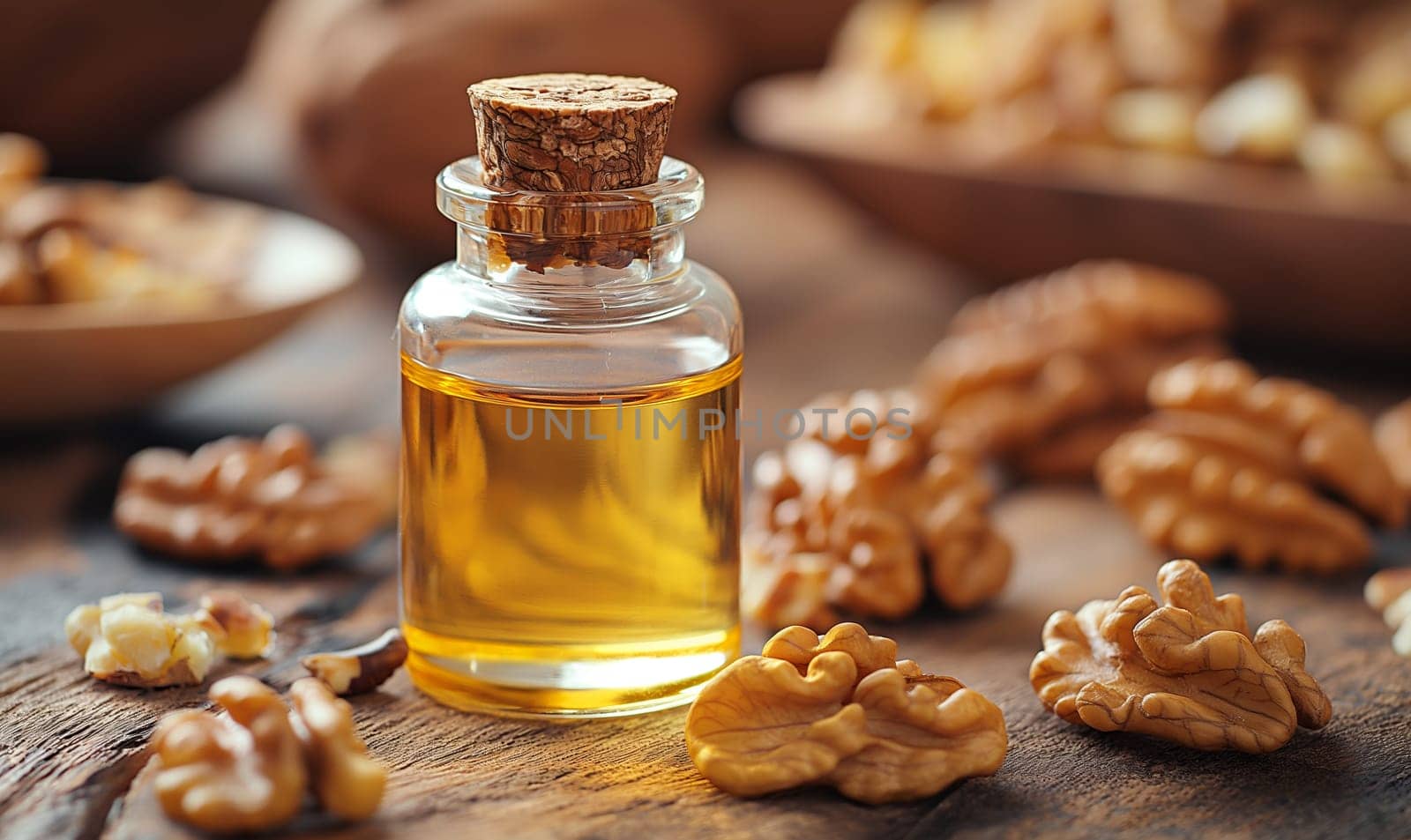 Walnut Oil and Whole Walnuts on Table. Selective focus.