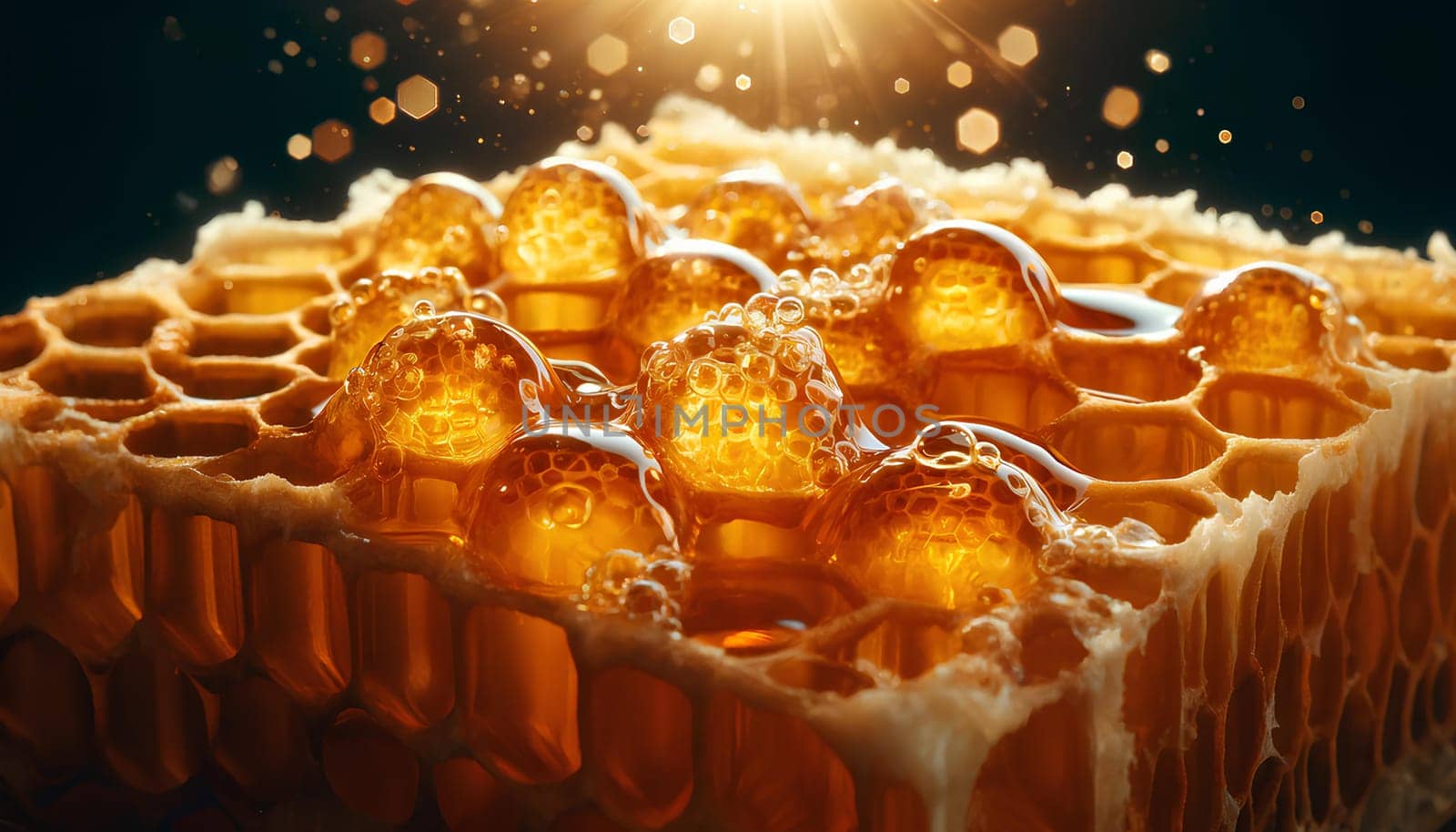 A piece of golden comb honey in sunlight close up.