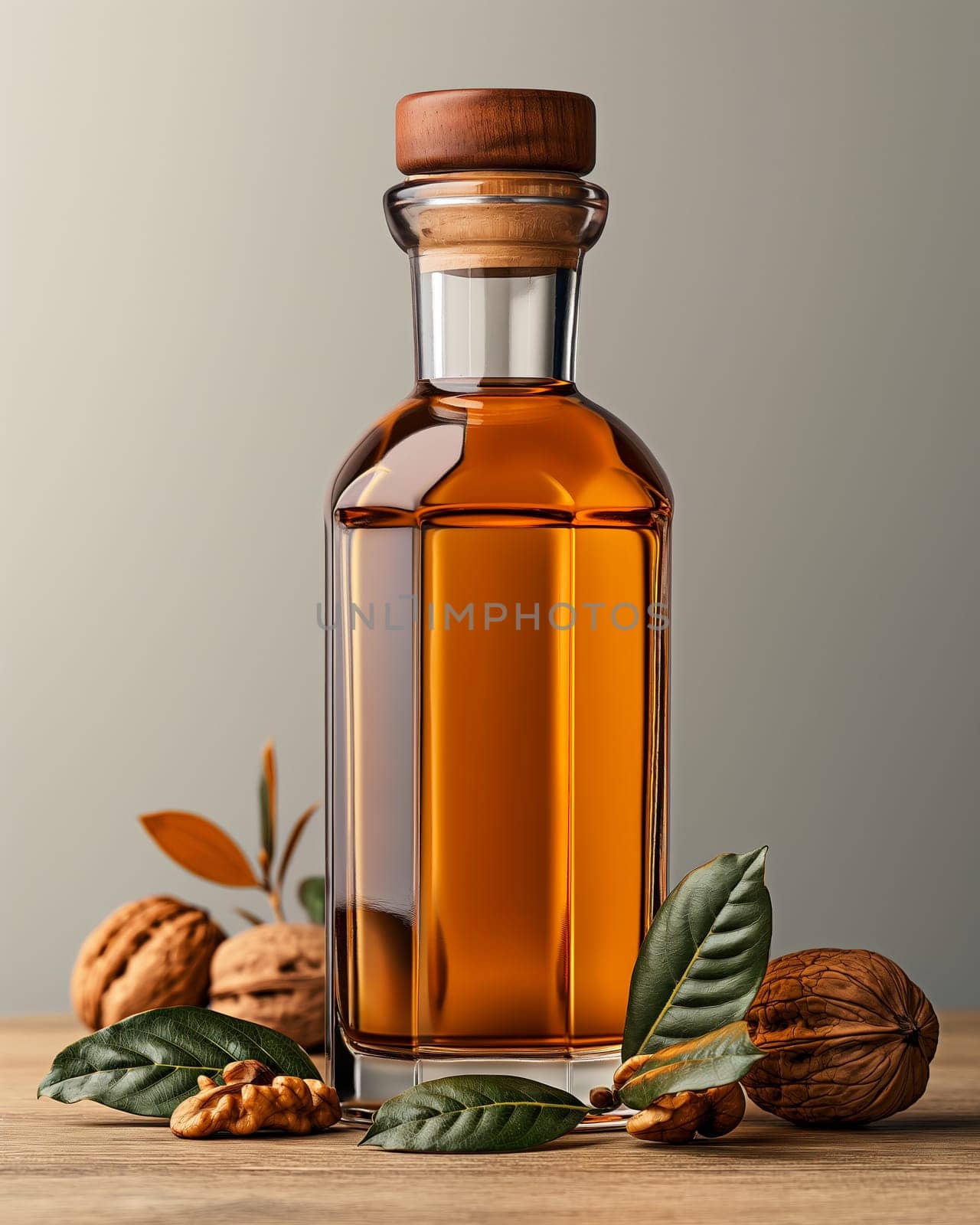 Walnut Oil and Whole Walnuts on Table. by Fischeron