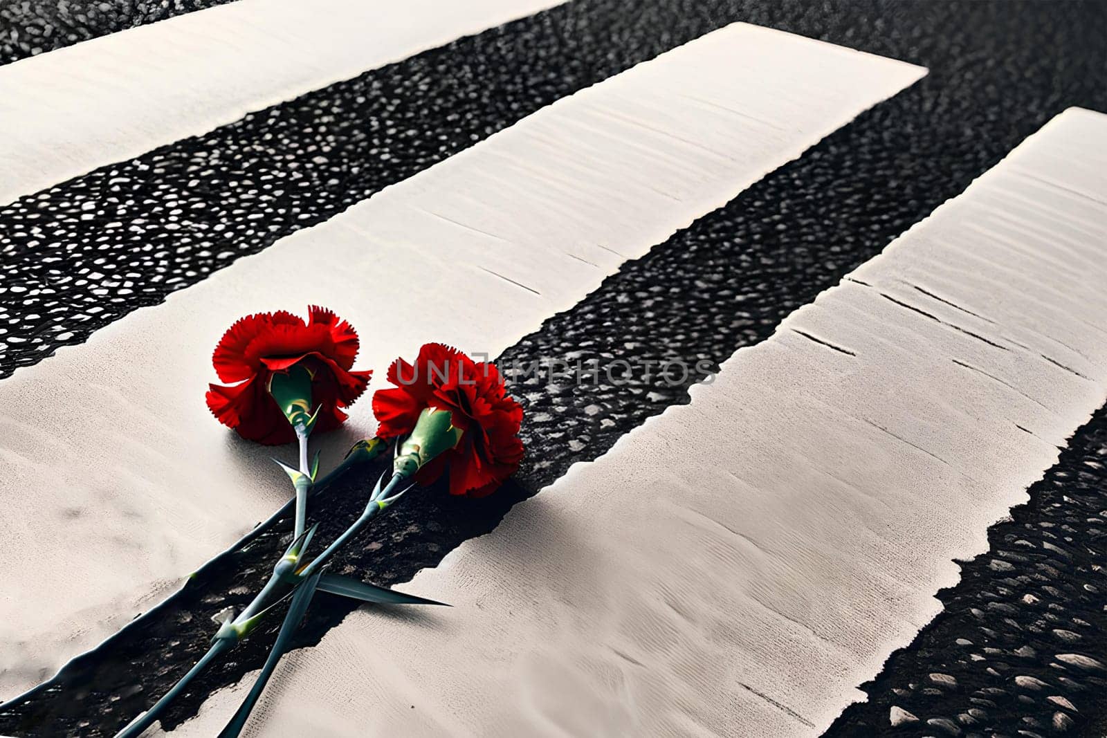two red carnations on a pedestrian crossing as a symbol of grief for a downed person.