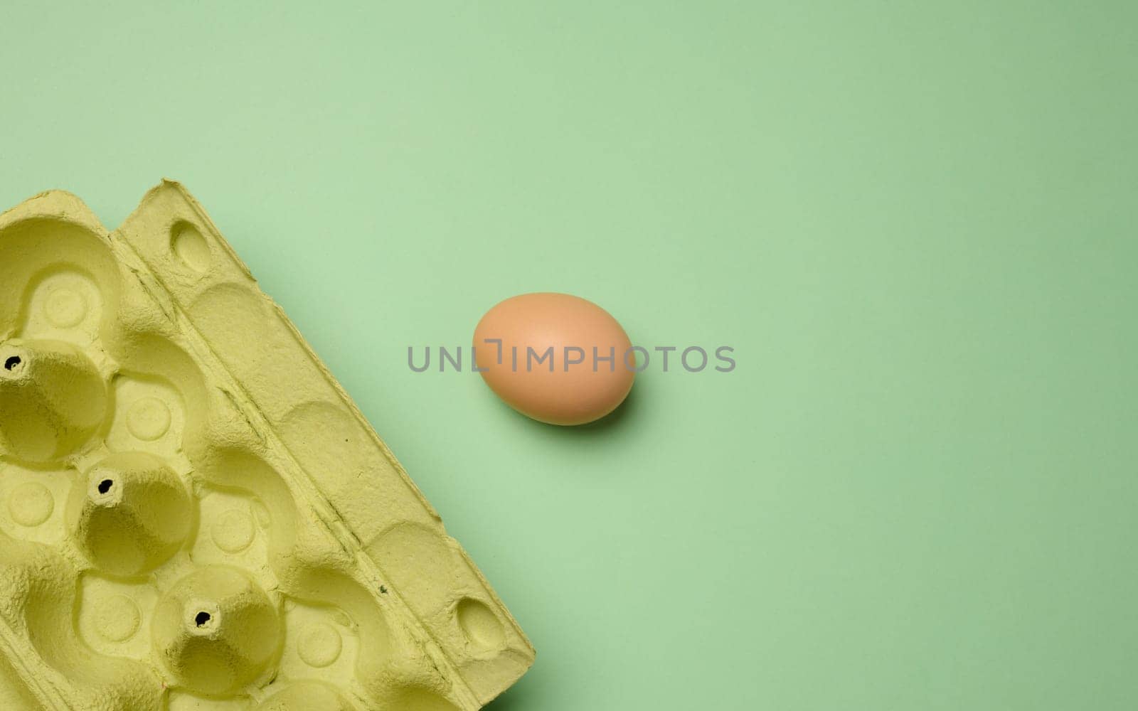 Chicken egg and paper storage box on green background, top view