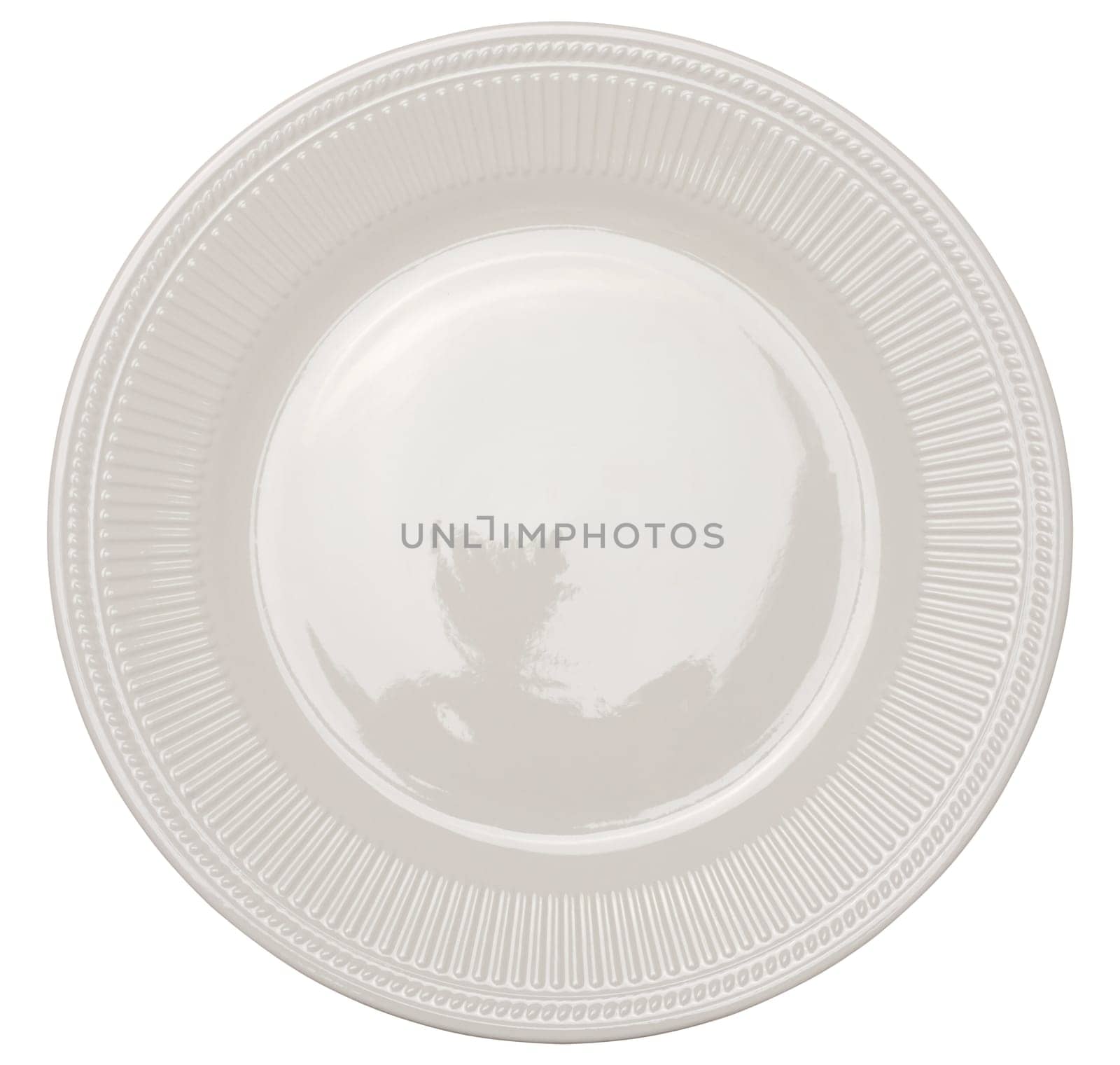 Empty white ceramic plate on isolated background, top view