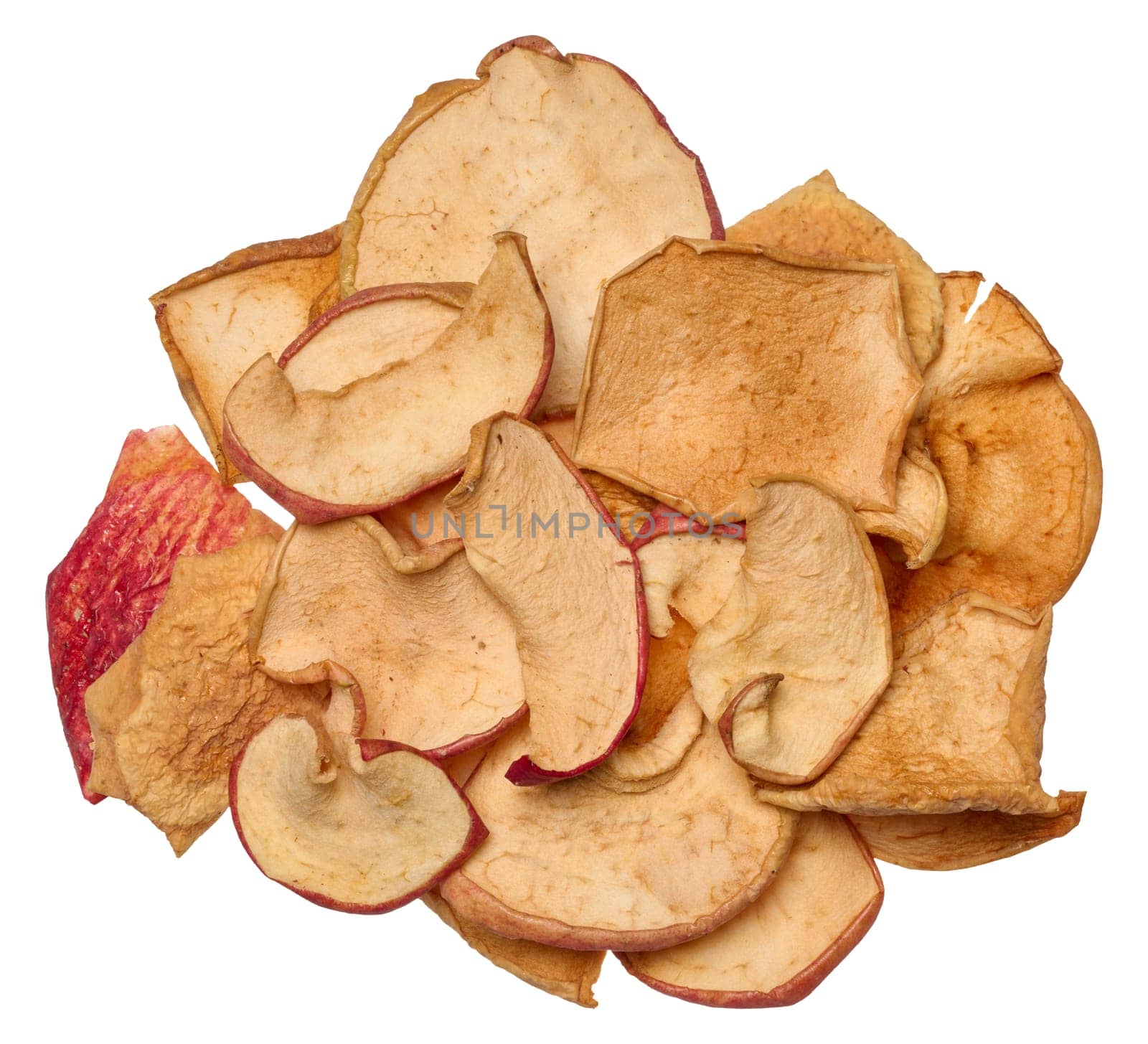 Dried apple slices on isolated background, top view