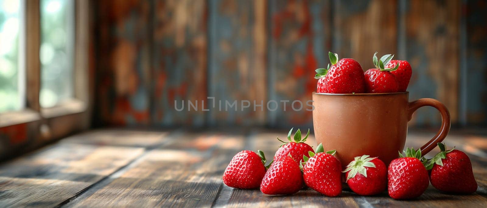 Red Cup With Strawberries on Wooden Table. Selective focus.