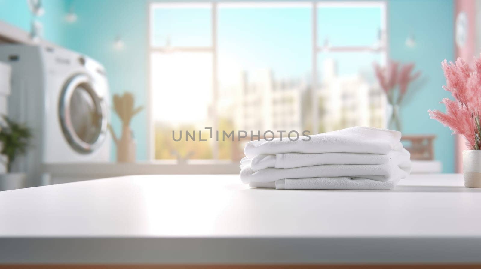 Folded towels on countertop with laundry machine in background. White towel on table in front of washing machine with blurred background. Home comfort and modern lifestyle for interior design. AIG35.