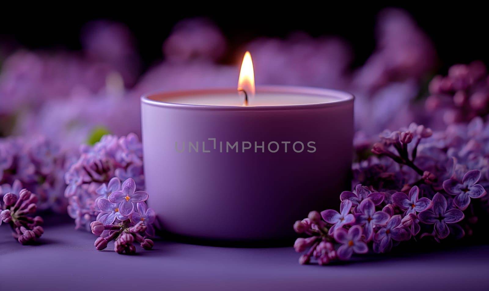 Burning candle among lilac flowers, front view. Selective focus.