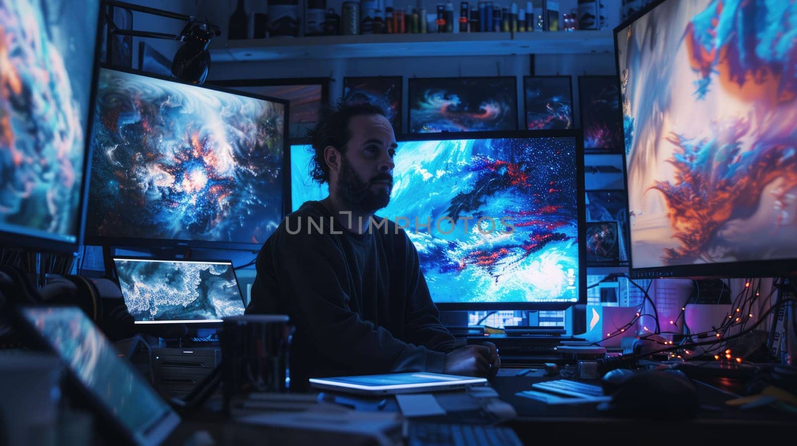 The picture of the digital artist is working inside his workshop that has surrounded with computer monitor, the digital artist require skill like creativity, experience and drawing technique. AIG43.