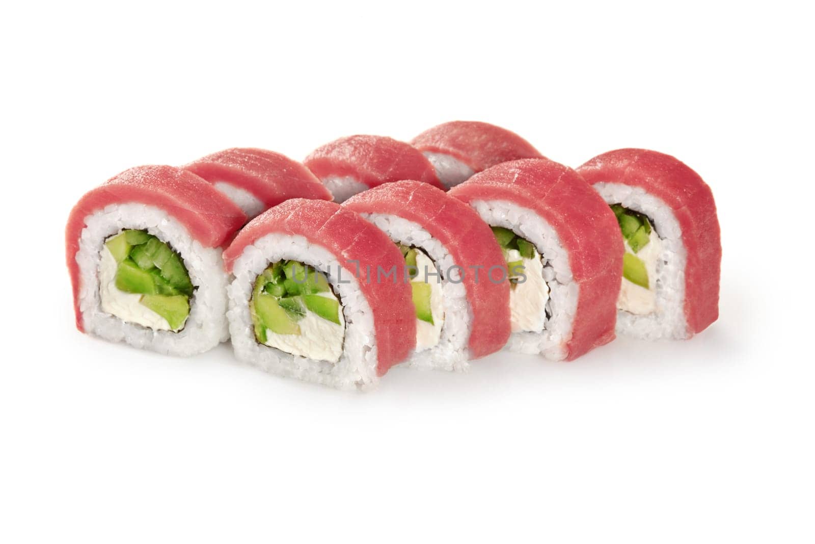 Appetizing Philadelphia sushi rolls filled with cream cheese, avocado and cucumbers topped with fresh tuna fillet, isolated on white background. Popular Japanese dish