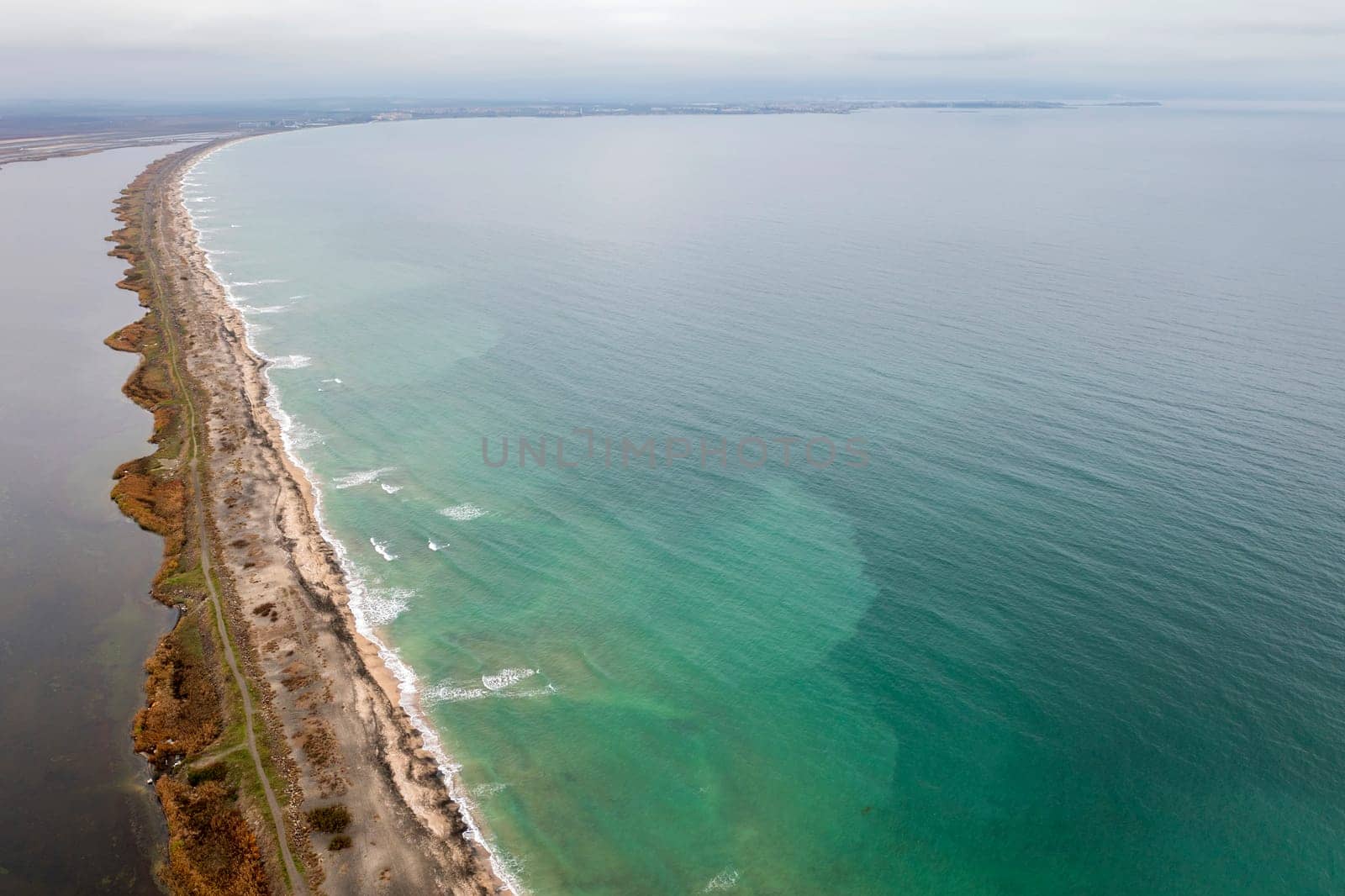 Aerial view of an incredibly long strip of land near Pomorie, Bulgaria by EdVal