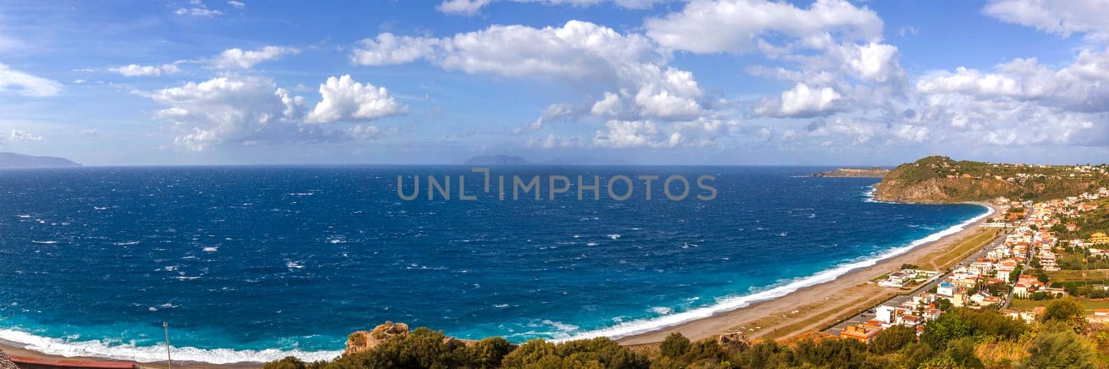 Panoramic view of bay near Milazzo city, Sicily, Italy, Europe