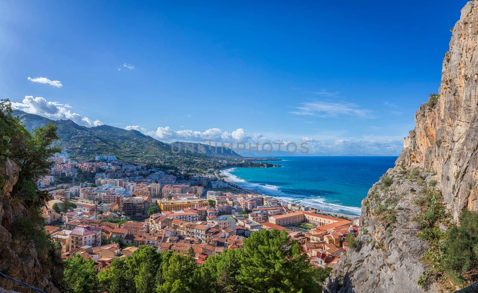 The coast of Cefalu in Sicily, Italy on a beautiful sunny day