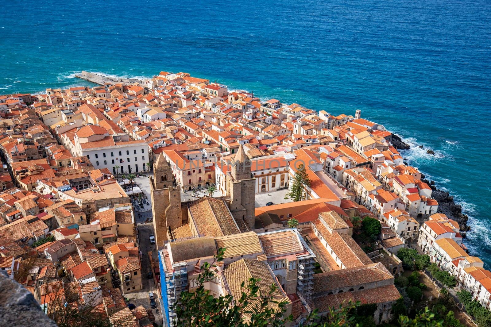 Aerial view of Cefalu and cathedral in Sicily, Italy by EdVal