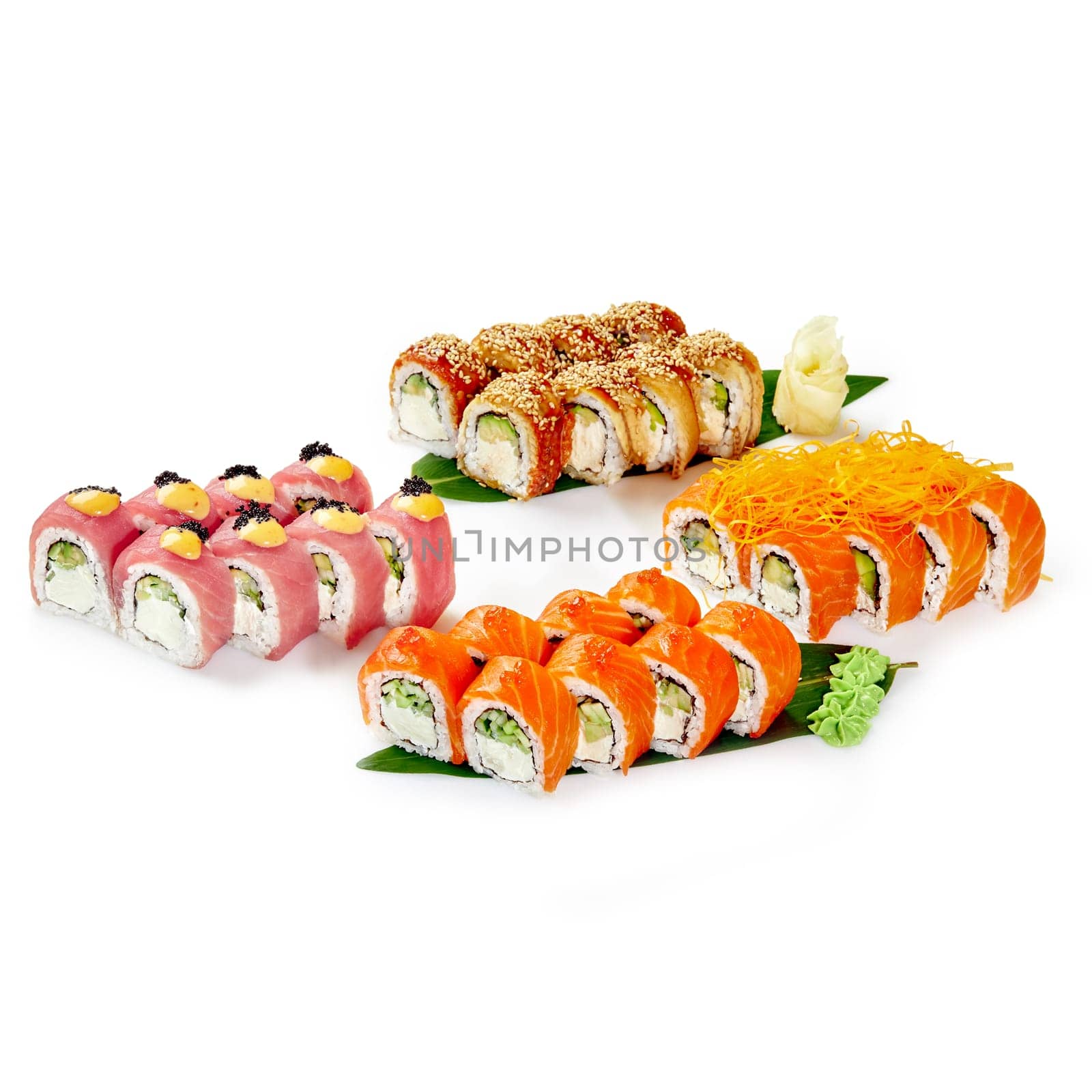 Set of Philadelphia rolls with salmon, eel and tuna on white by nazarovsergey