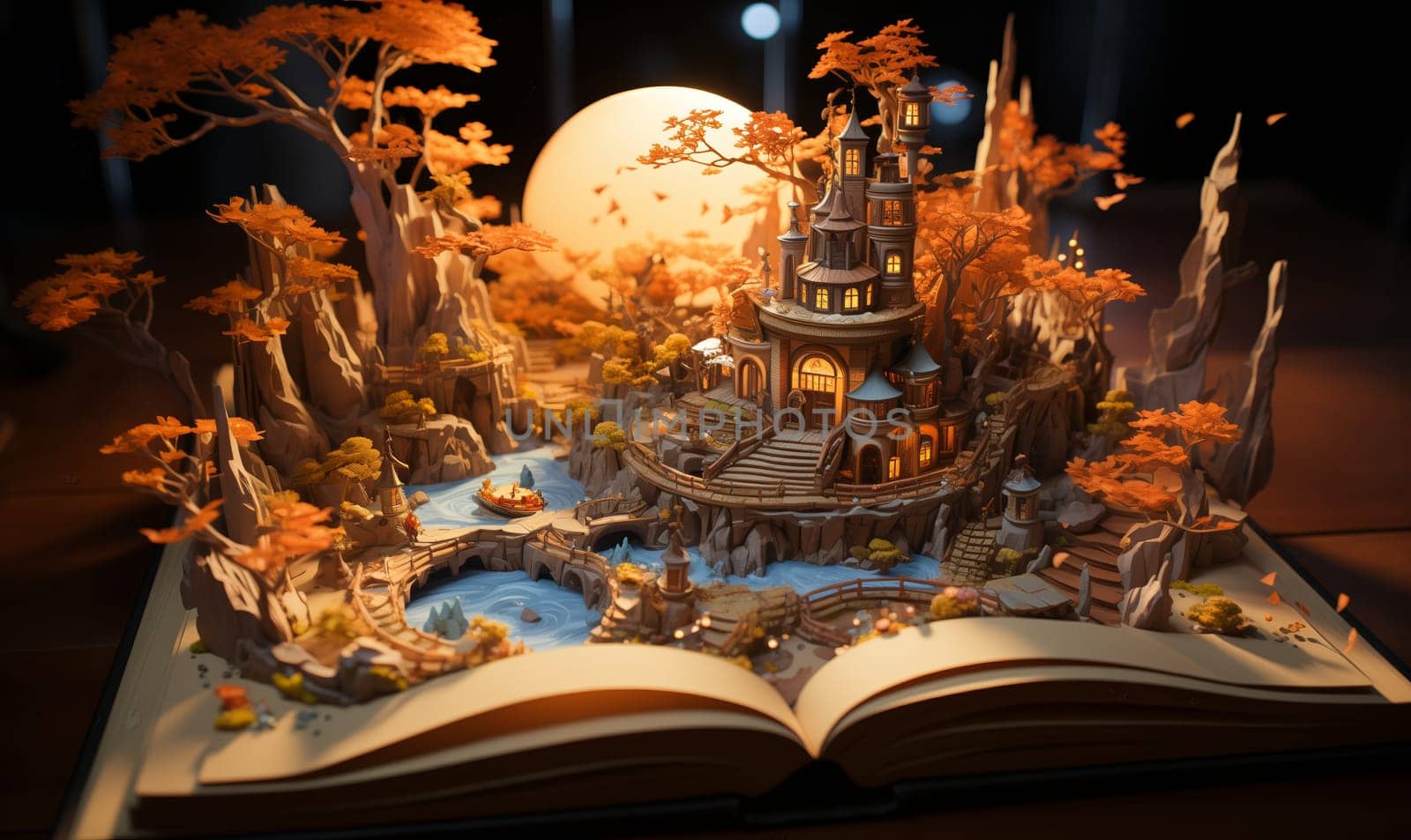 Open book displaying an intricate castle illustration. Selective focus.