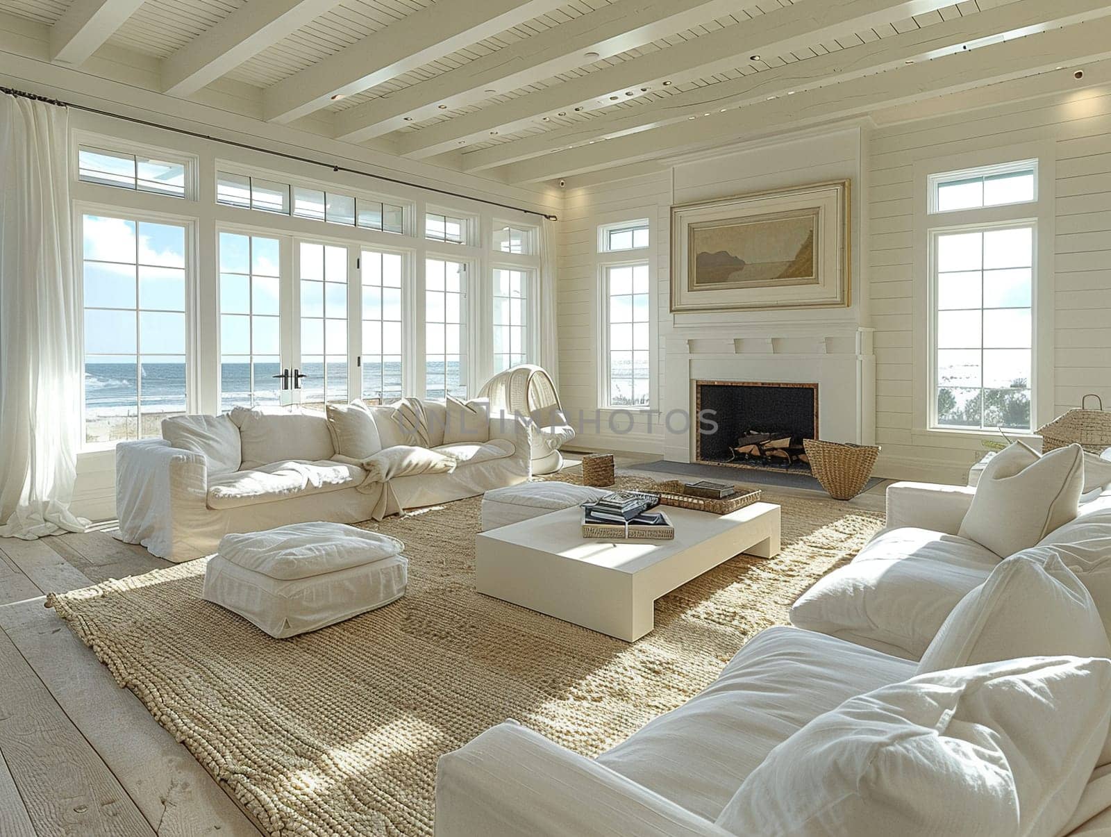 Airy beach house living room with white furniture and ocean views by Benzoix