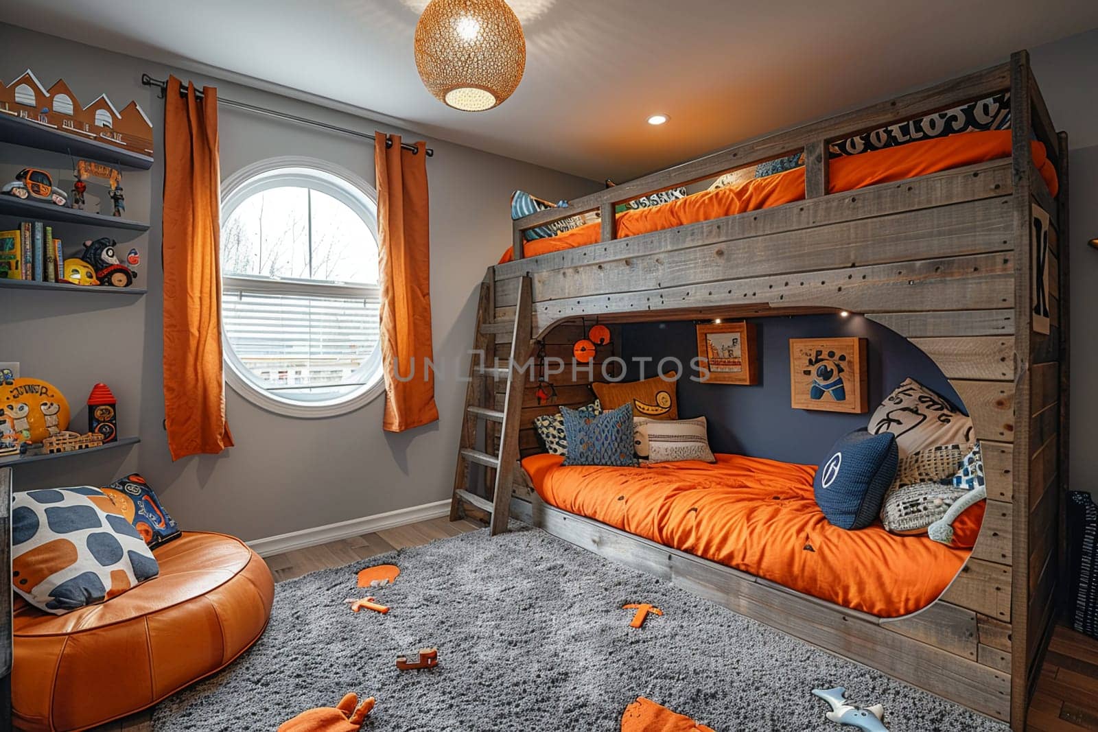 Adventure-themed kid's bedroom with a loft bed and imaginative play areas