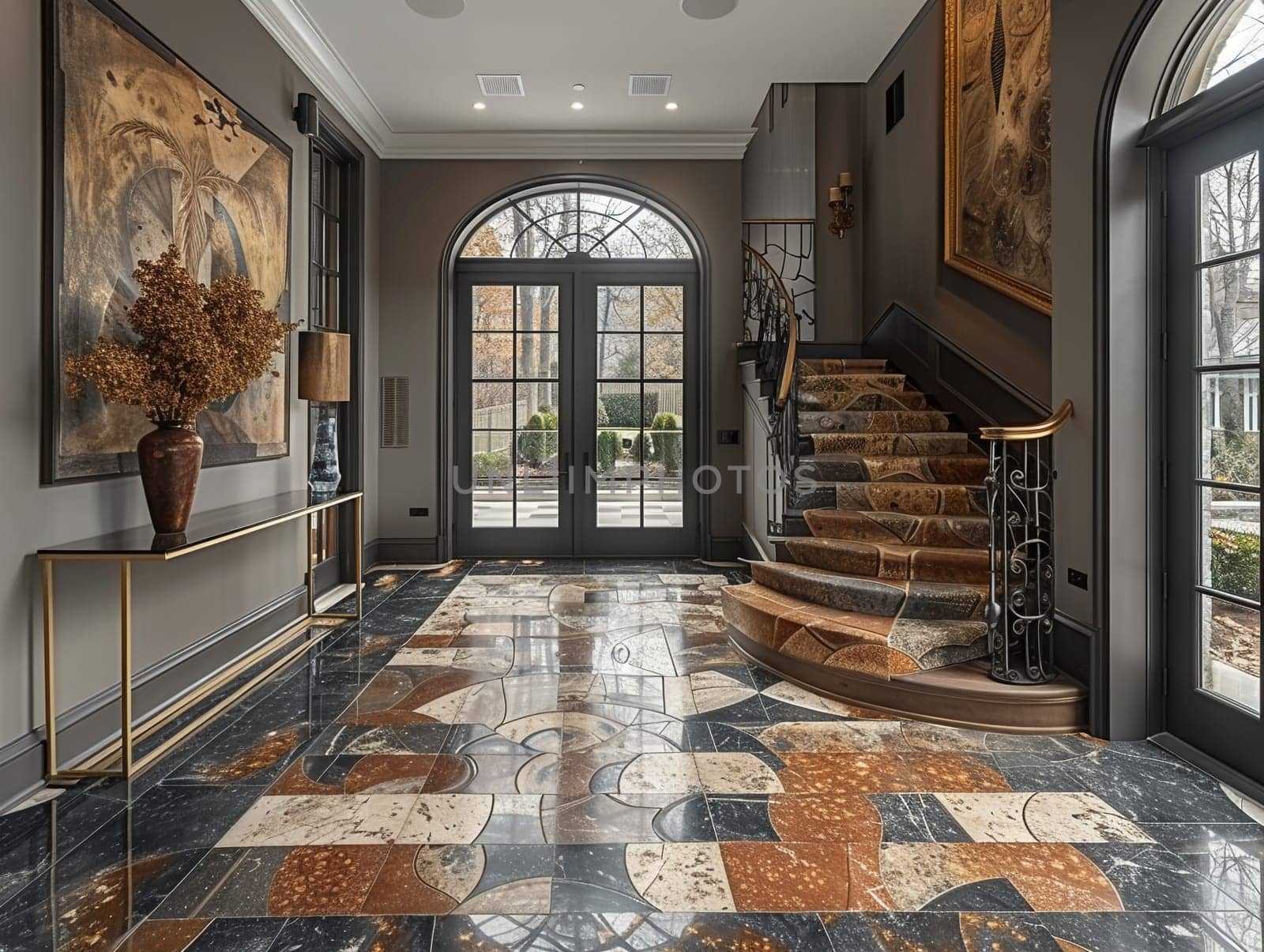 Art Deco-inspired entryway with bold geometric patterns and metallic finishes