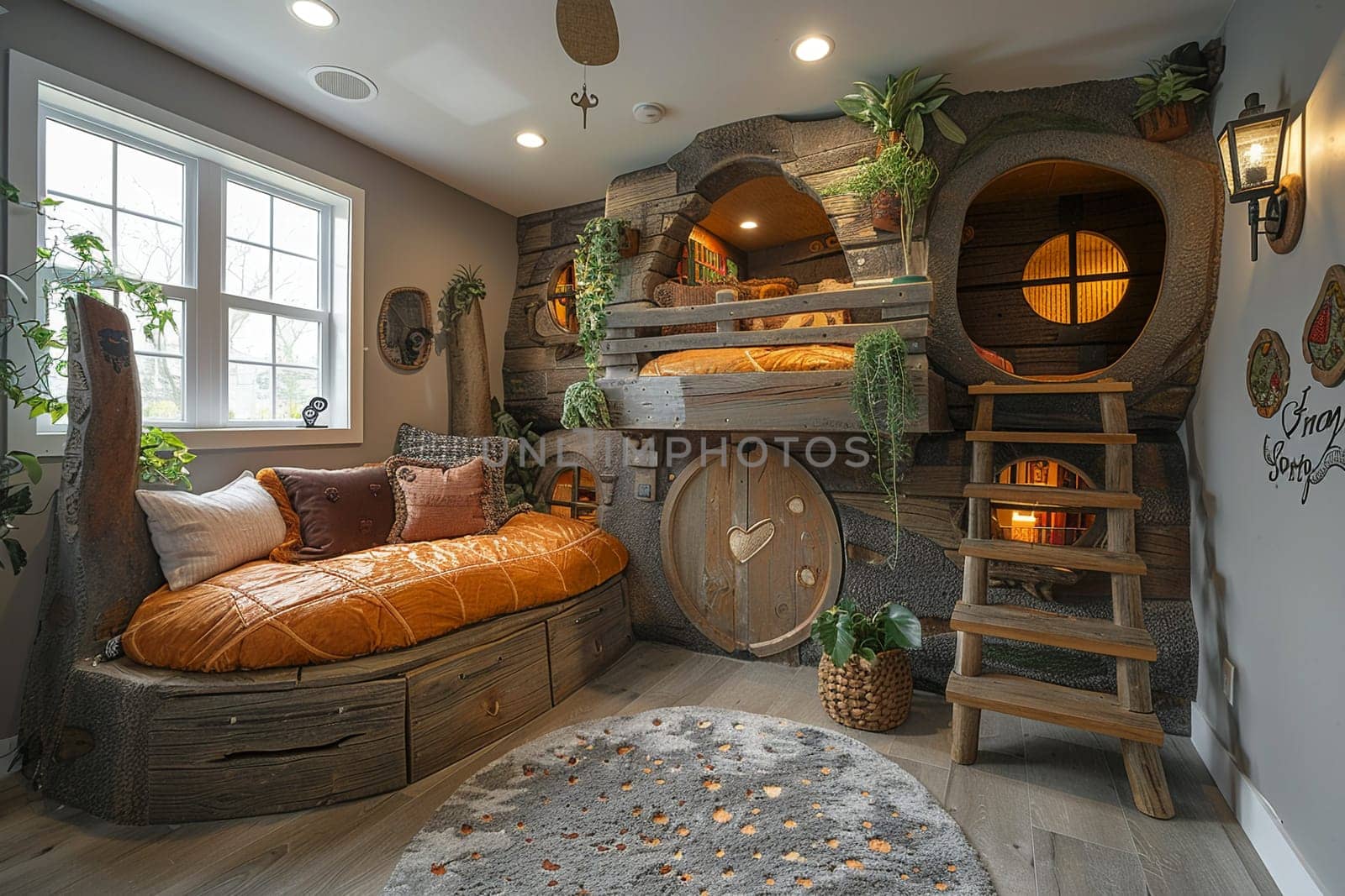 Adventure-themed kid's bedroom with a loft bed and imaginative play areas