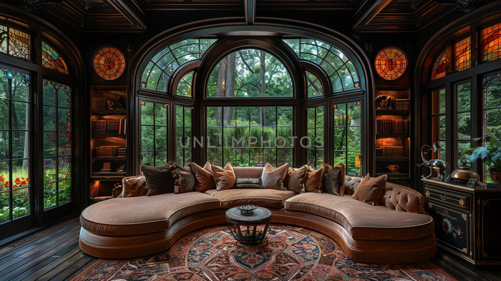 Art Nouveau inspired living room with organic lines and stained glass by Benzoix