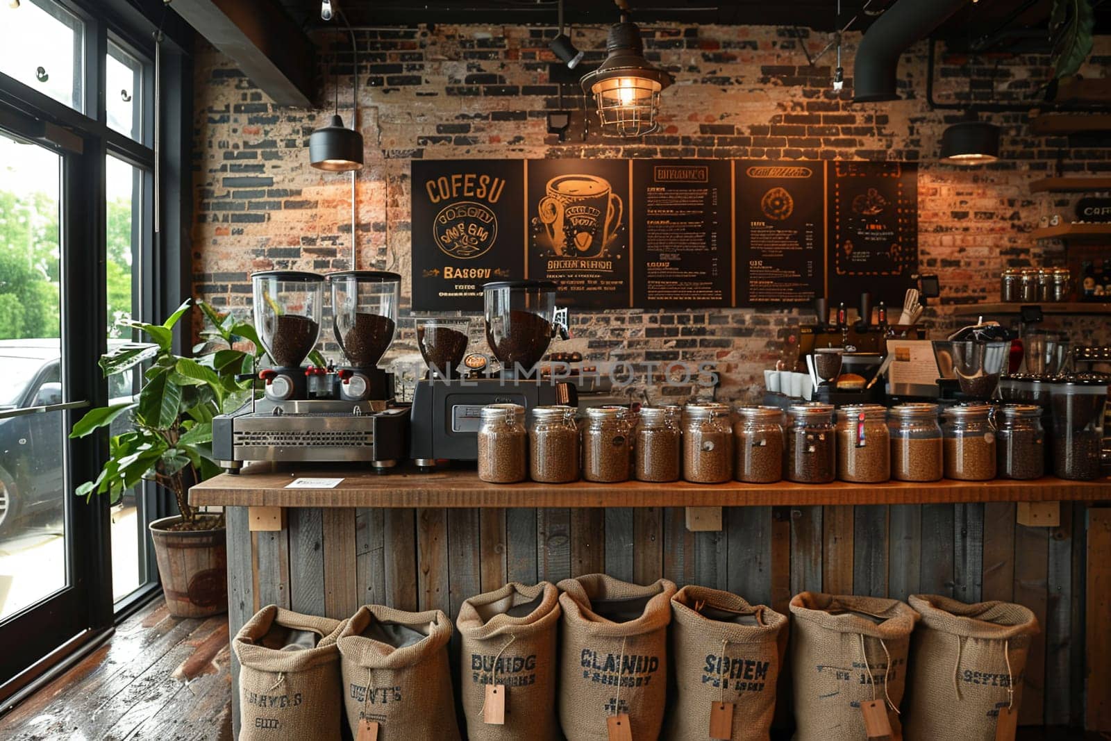 Artisan coffee roaster with exposed brick and burlap coffee bags