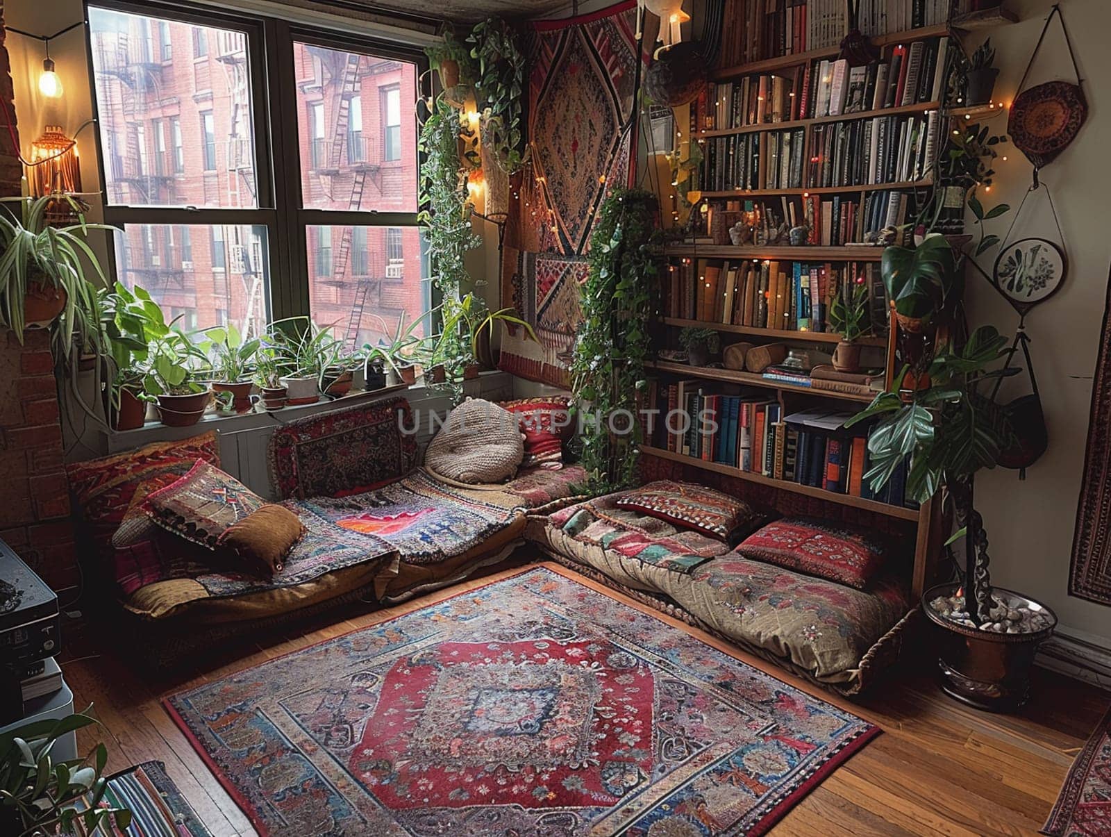 Bohemian reading nook with floor cushions tapestries by Benzoix