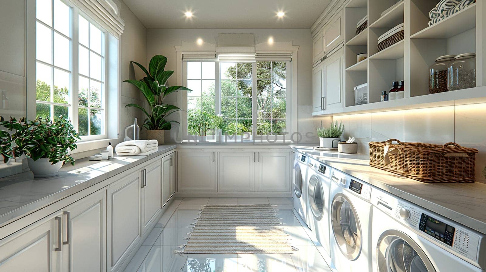 Bright and functional laundry room with ample storage and folding space by Benzoix
